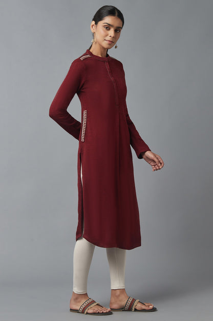 Deep Red Embroidered Winter kurta