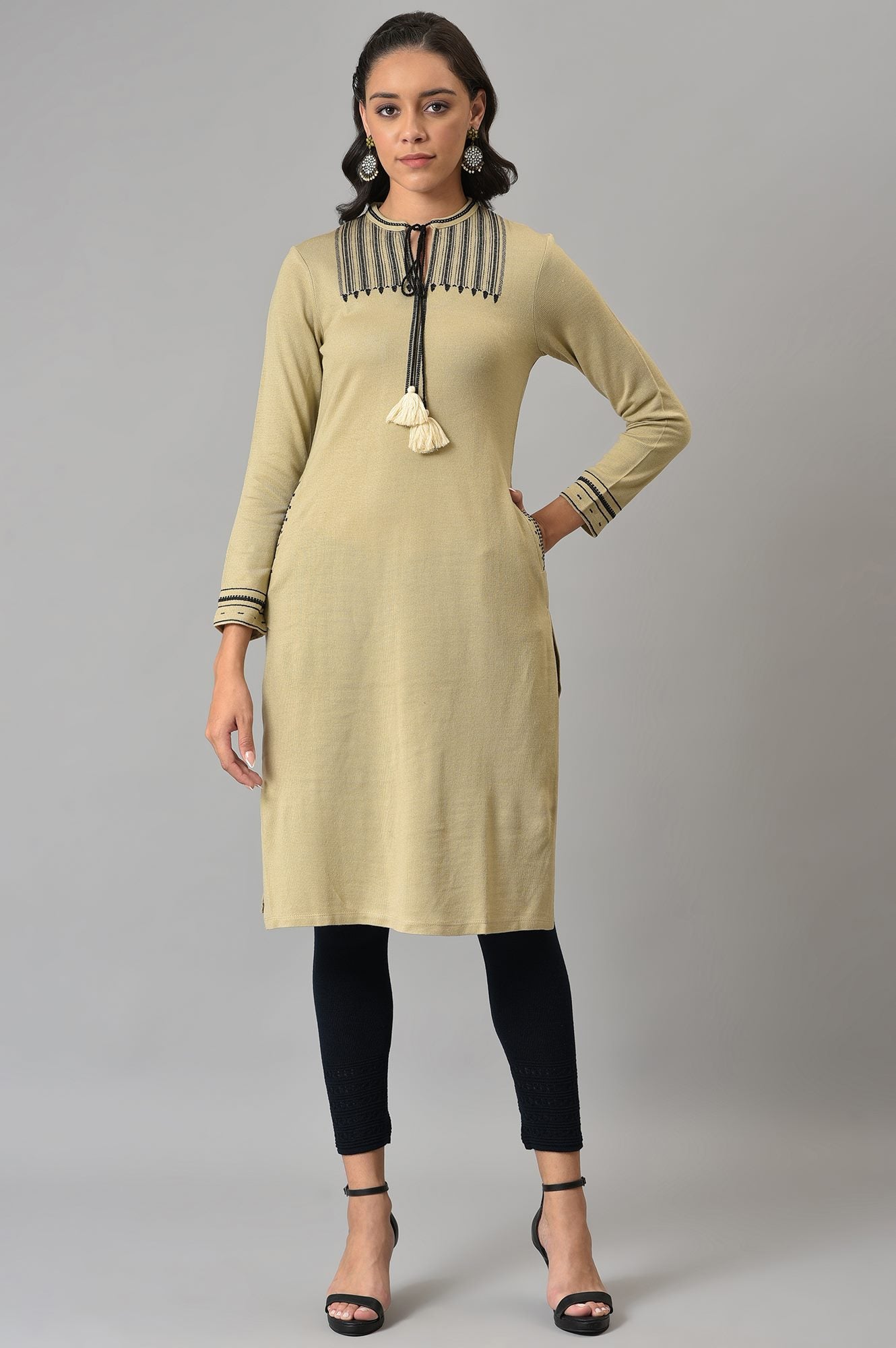 Beige Embroidered Winter kurta