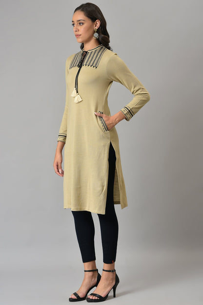 Beige Embroidered Winter kurta