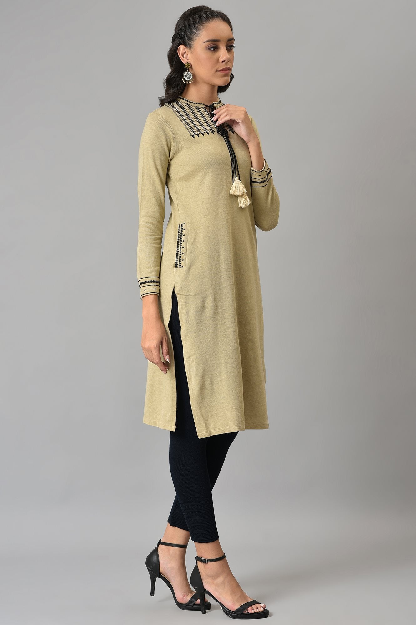 Beige Embroidered Winter kurta