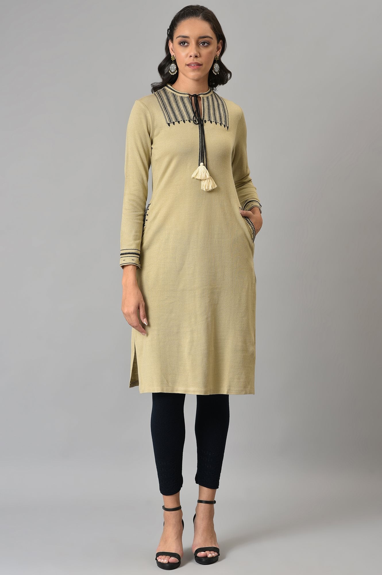 Beige Embroidered Winter kurta