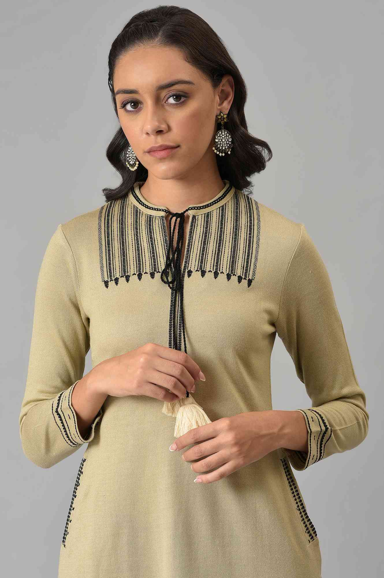 Beige Embroidered Winter kurta