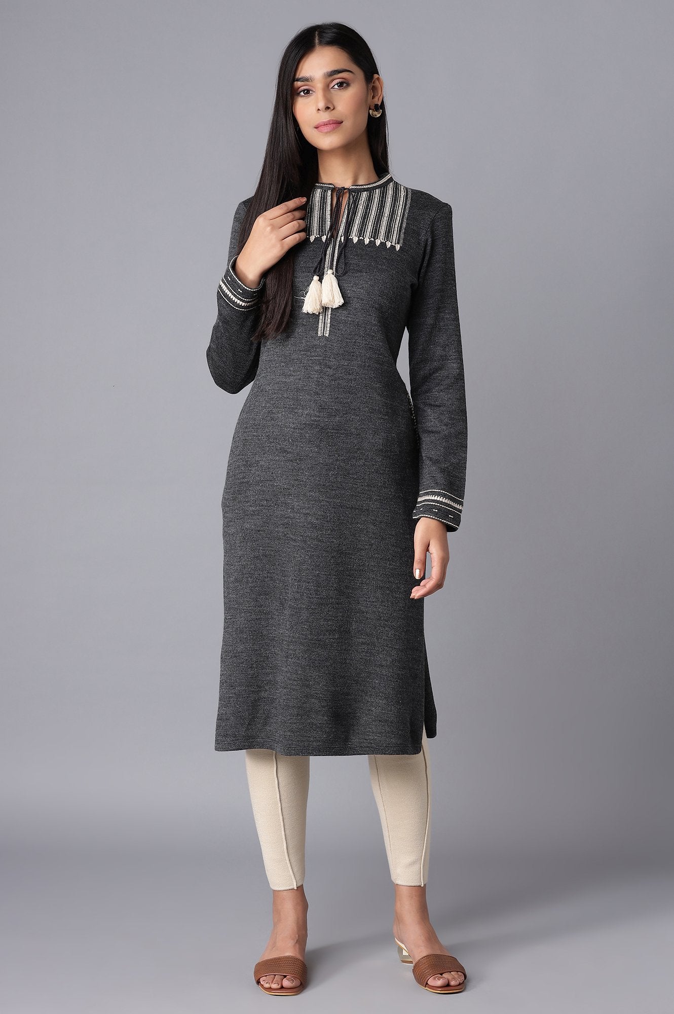 Grey Embroidered Winter kurta