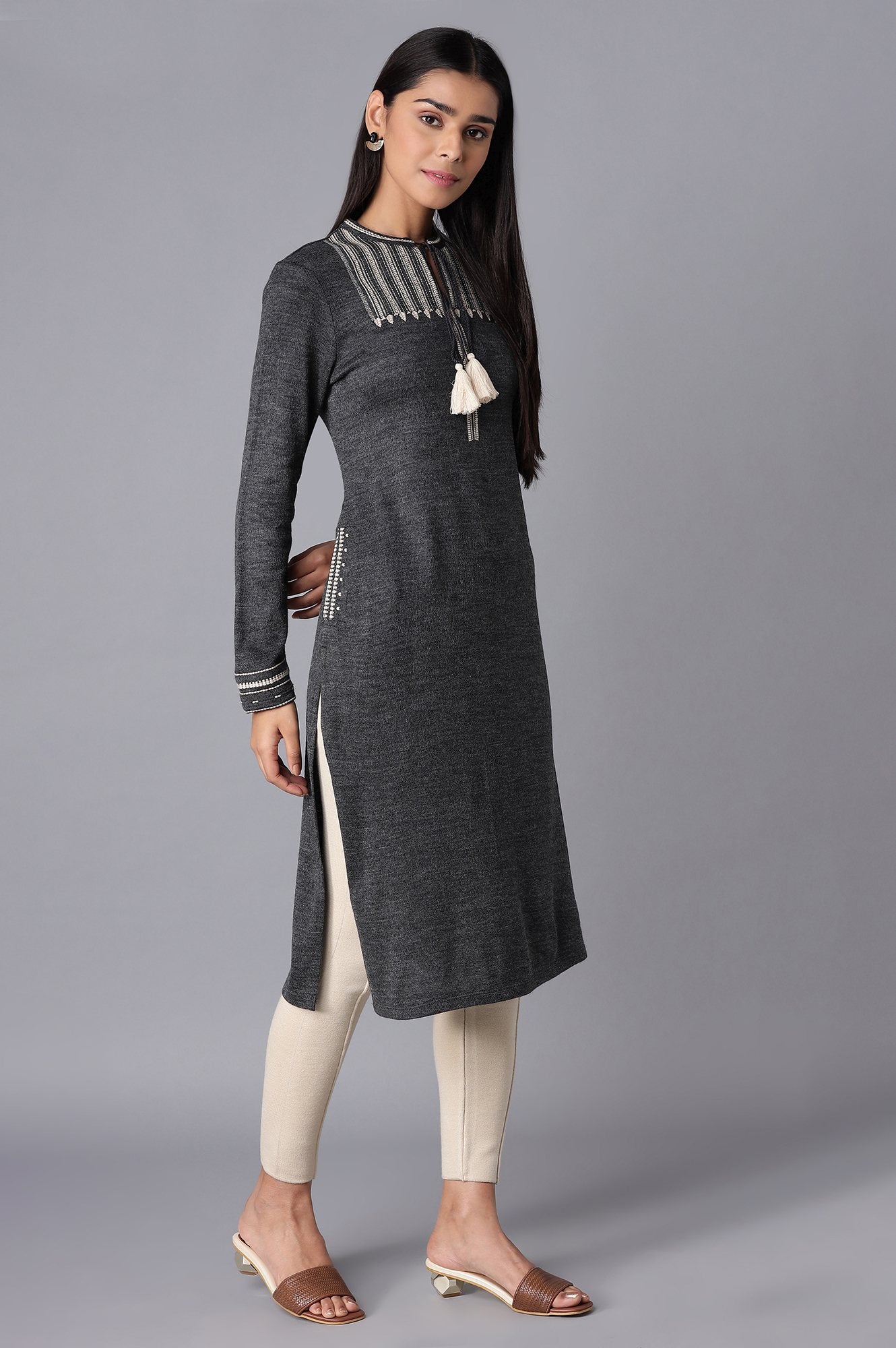 Grey Embroidered Winter kurta