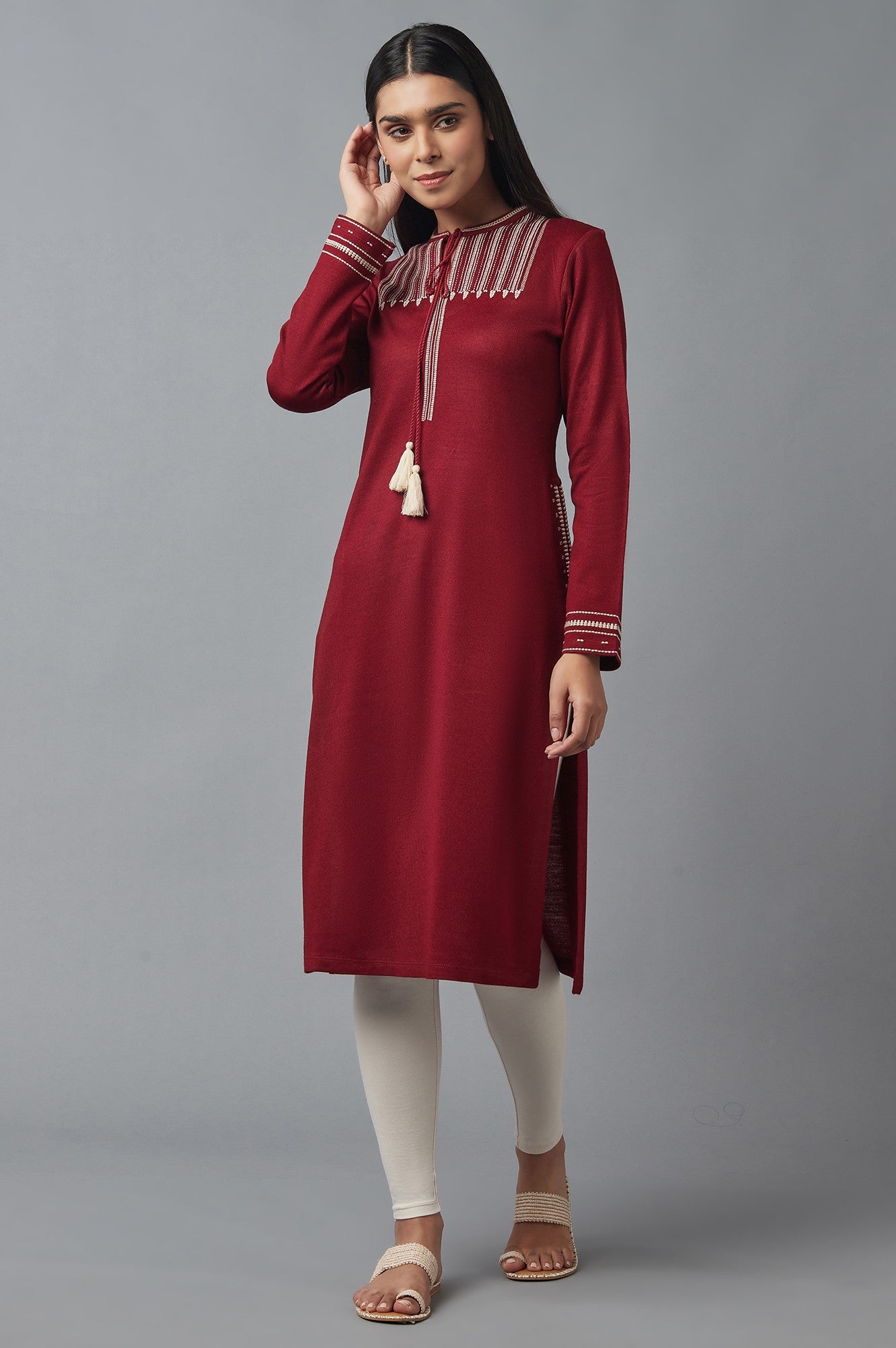 Spice Red Embroidered Winter kurta