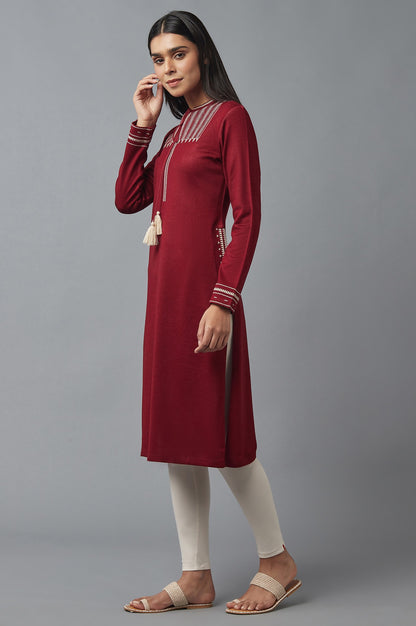 Spice Red Embroidered Winter kurta