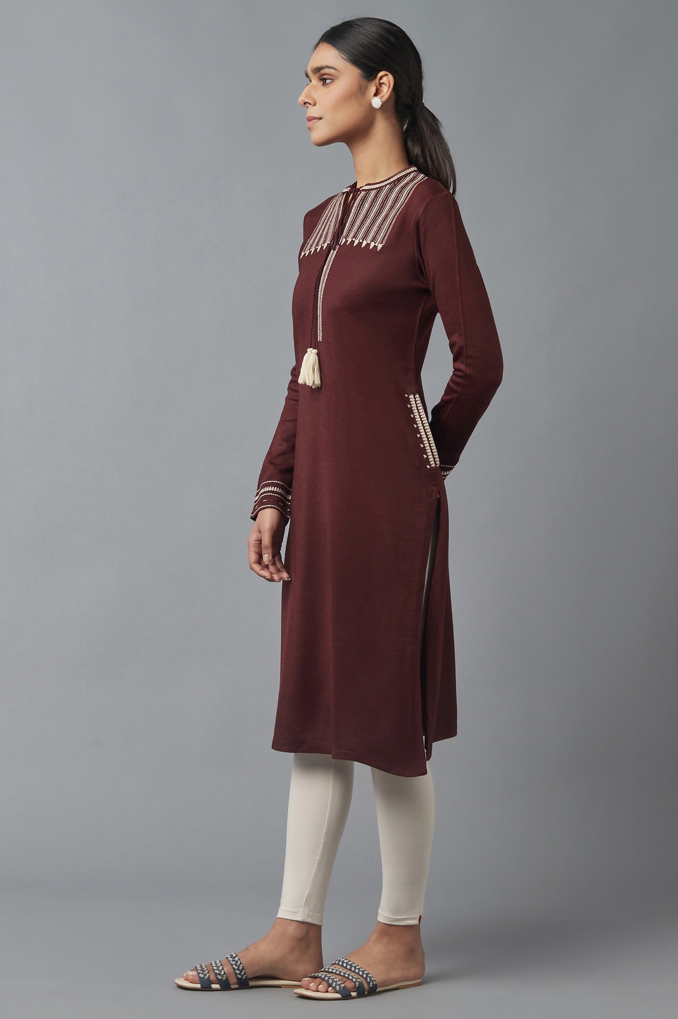 Chocolate Brown Embroidered Winter kurta