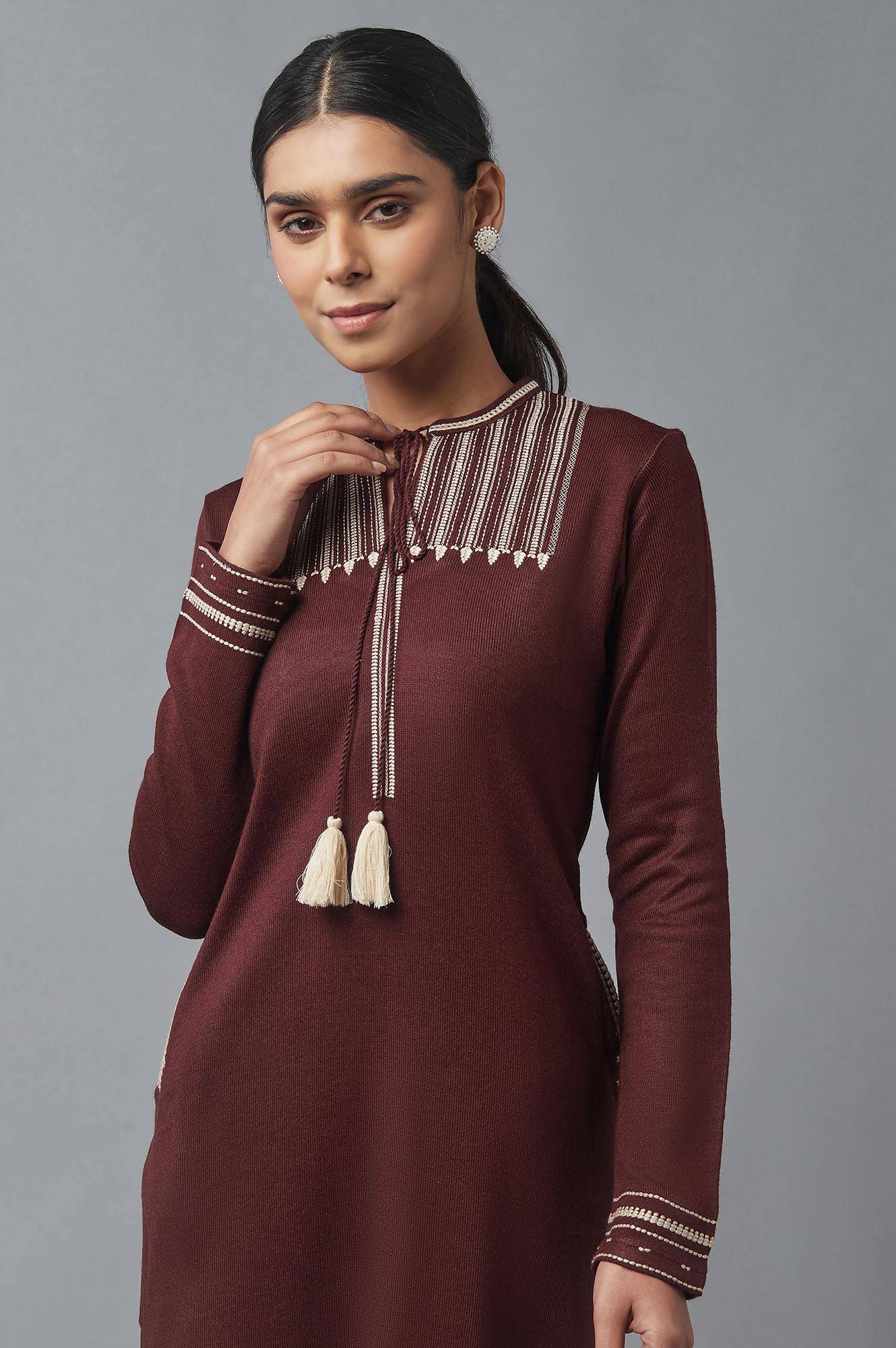 Chocolate Brown Embroidered Winter kurta