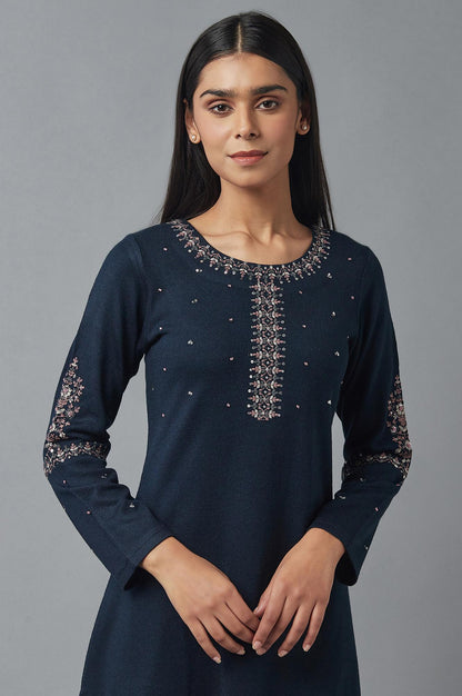 Cobalt Blue Embroidered Winter kurta