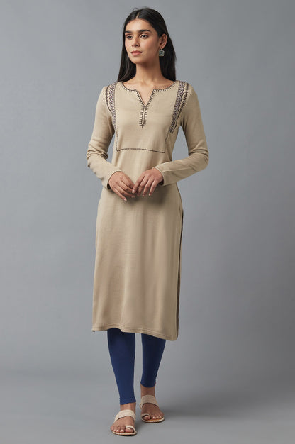 Beige Embroidered Winter Kurta