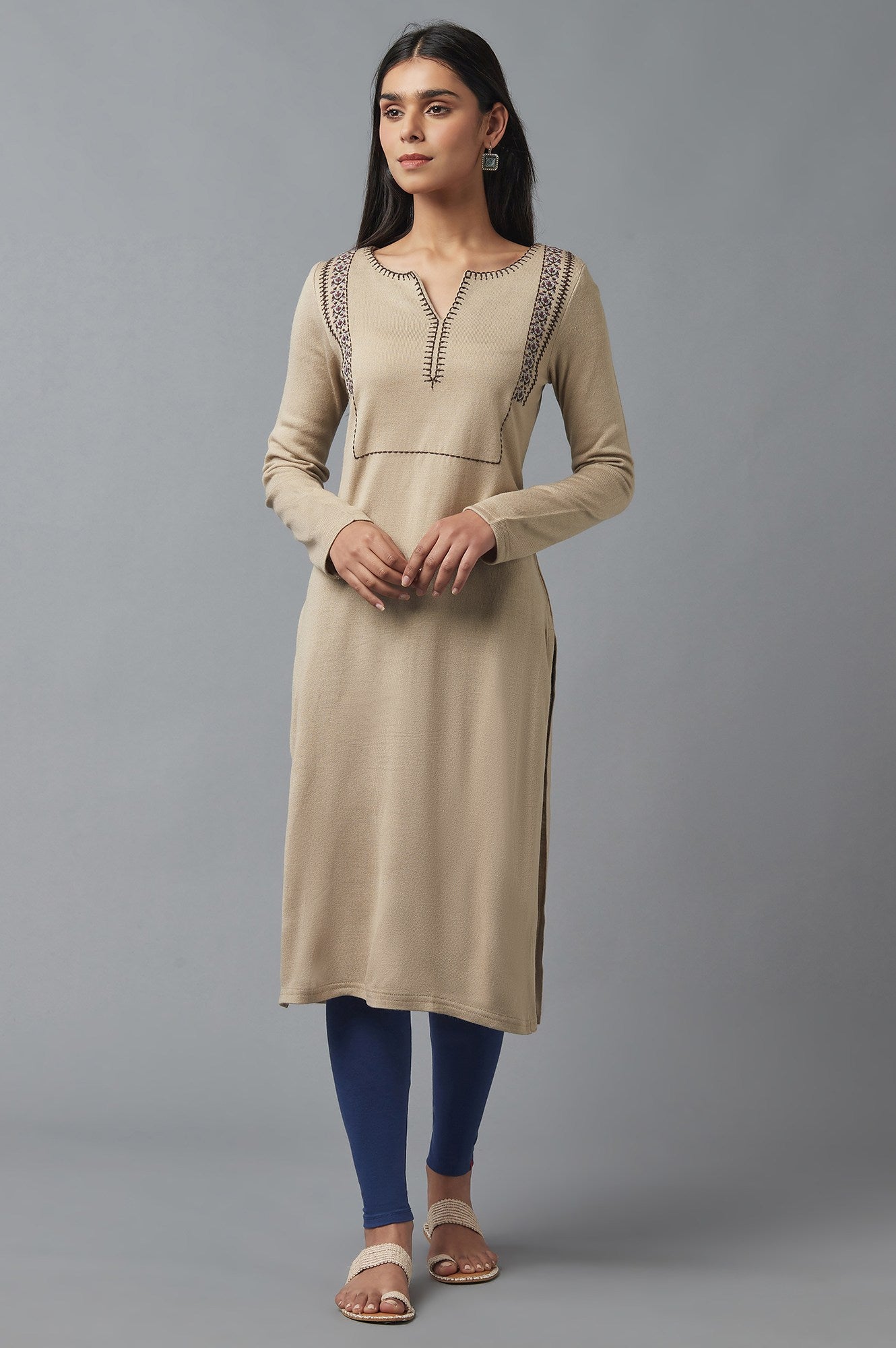 Beige Embroidered Winter kurta