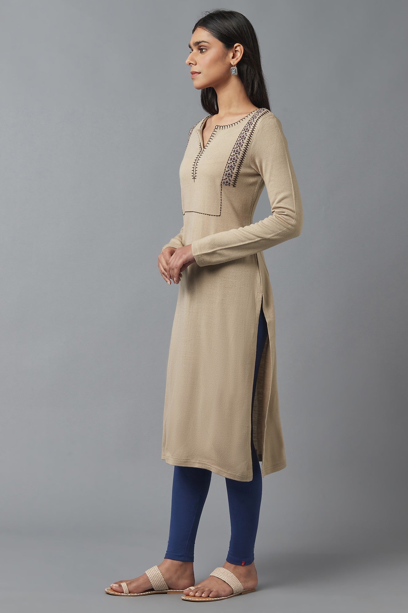 Beige Embroidered Winter Kurta