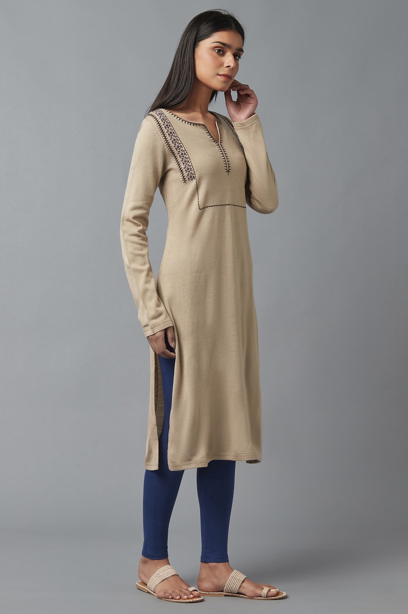 Beige Embroidered Winter Kurta