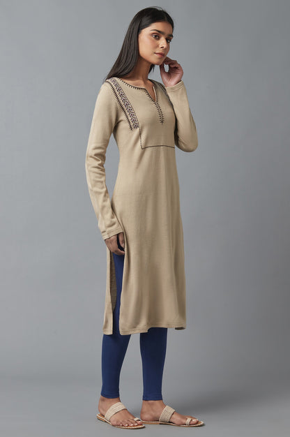 Beige Embroidered Winter Kurta