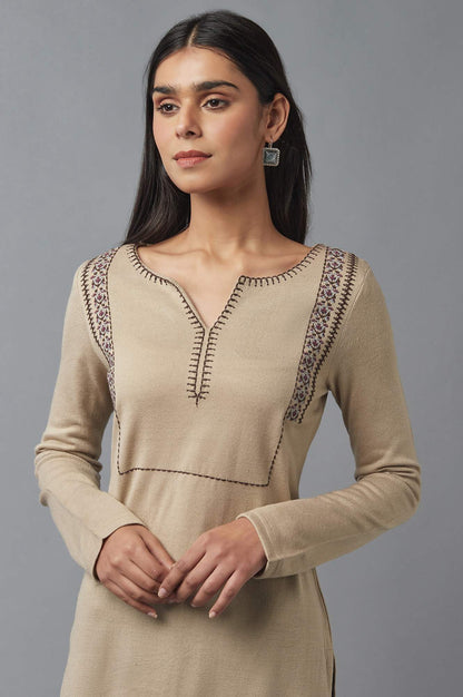 Beige Embroidered Winter Kurta