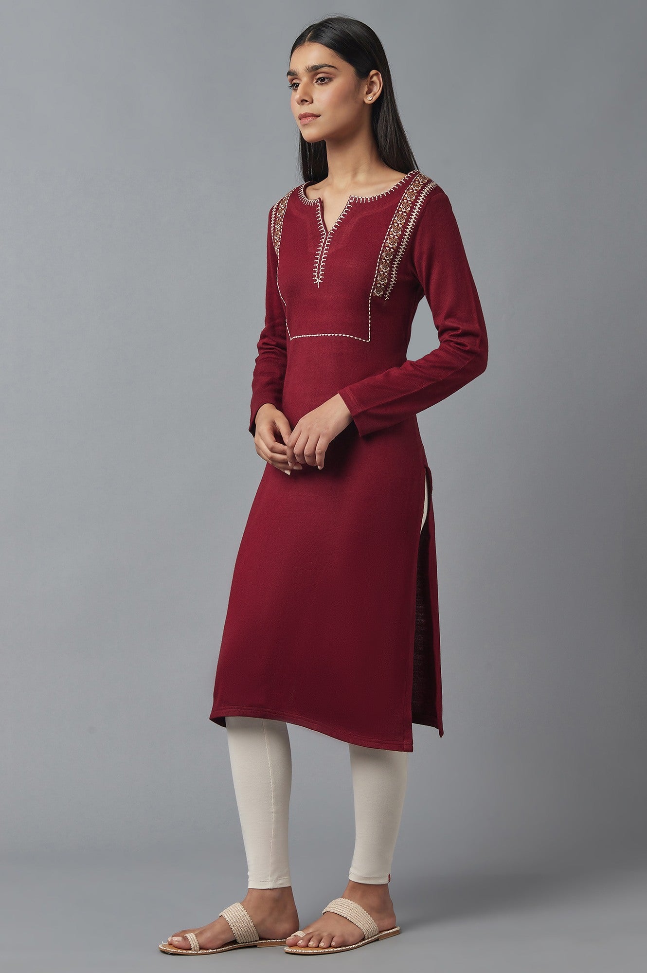 Spice Red Embroidered Winter kurta