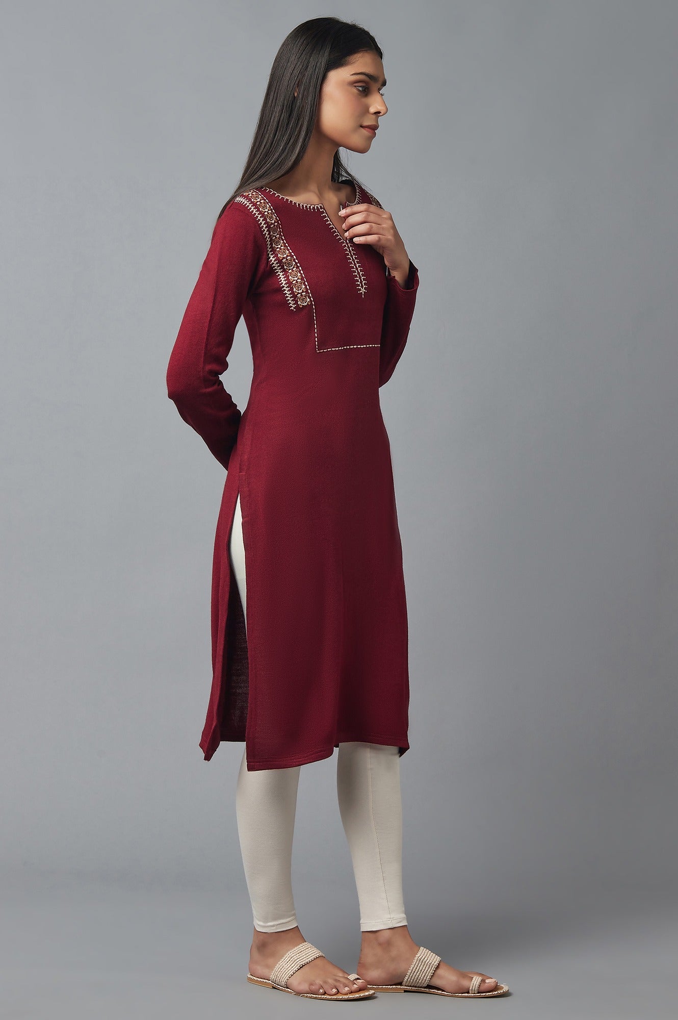 Spice Red Embroidered Winter kurta