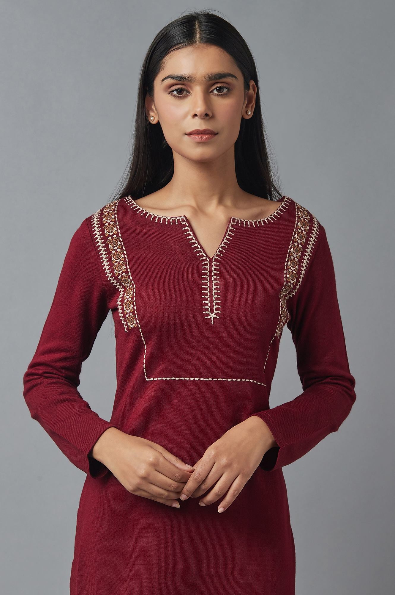 Spice Red Embroidered Winter kurta