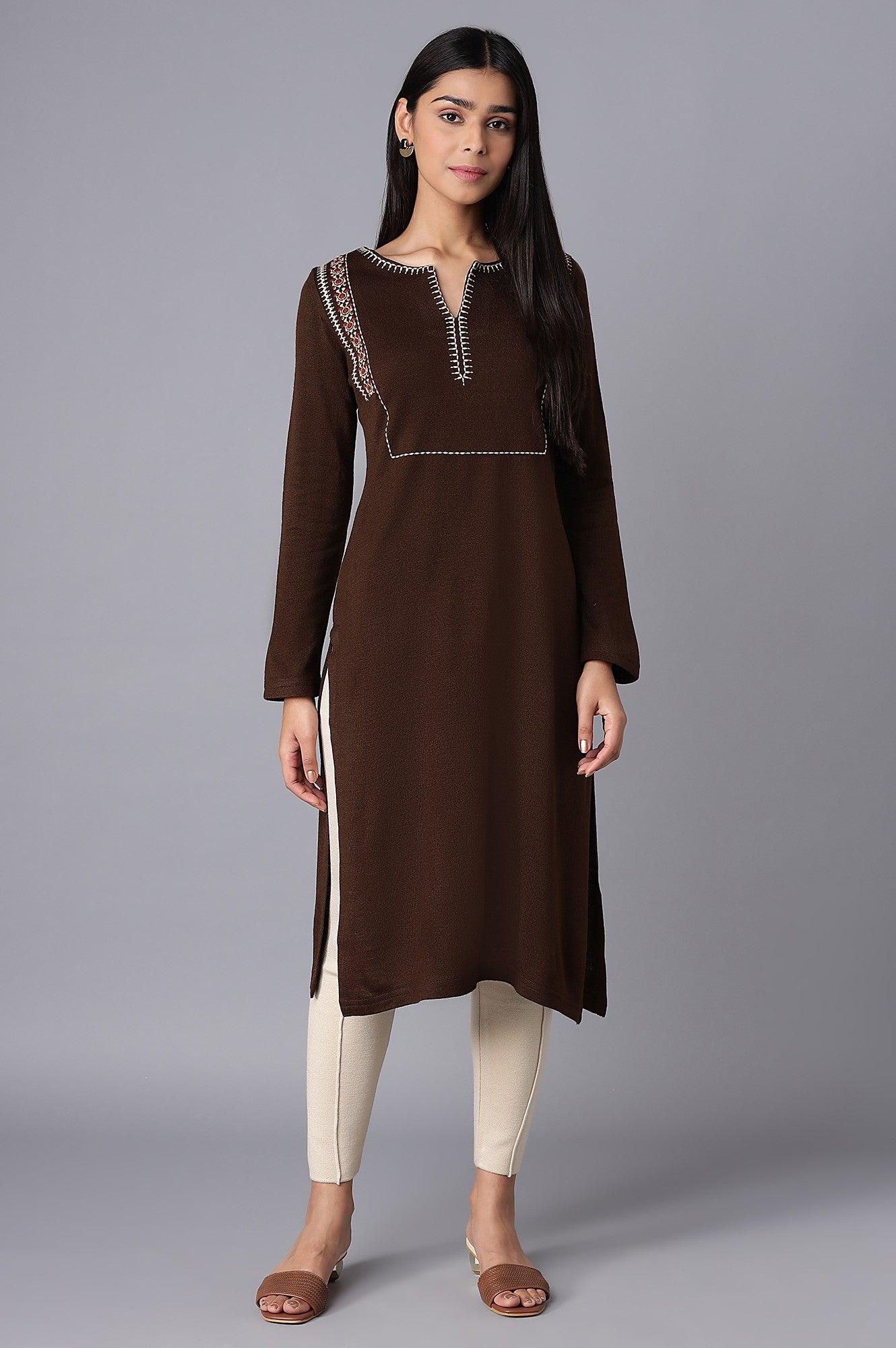 Dark Brown Embroidered Winter kurta - wforwoman