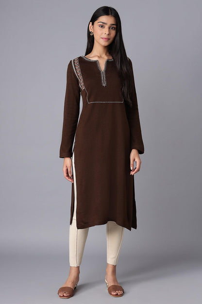 Dark Brown Embroidered Winter kurta - wforwoman