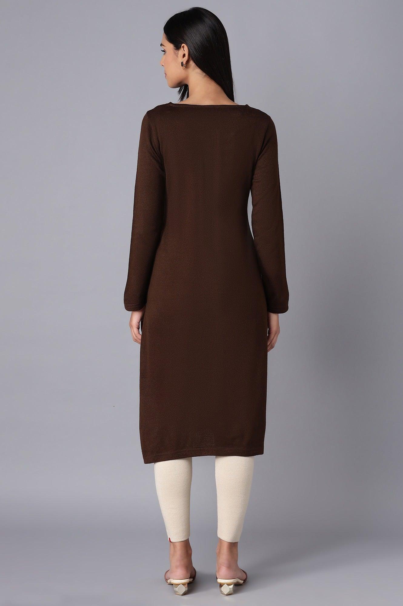 Dark Brown Embroidered Winter kurta - wforwoman