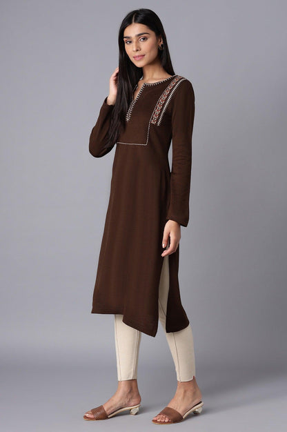 Dark Brown Embroidered Winter kurta - wforwoman