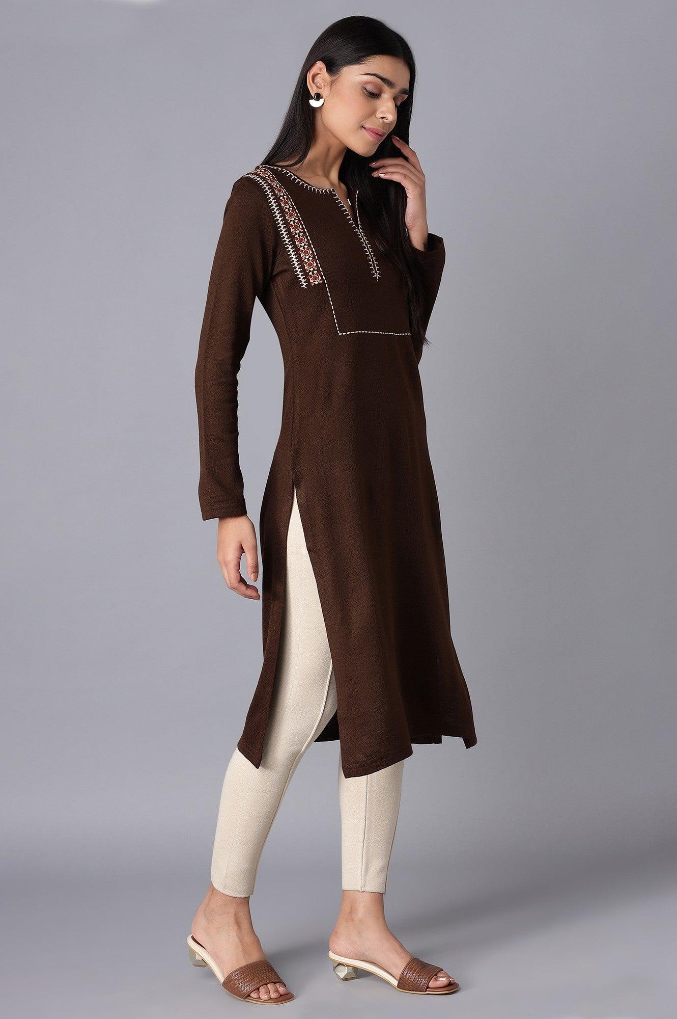 Dark Brown Embroidered Winter kurta - wforwoman