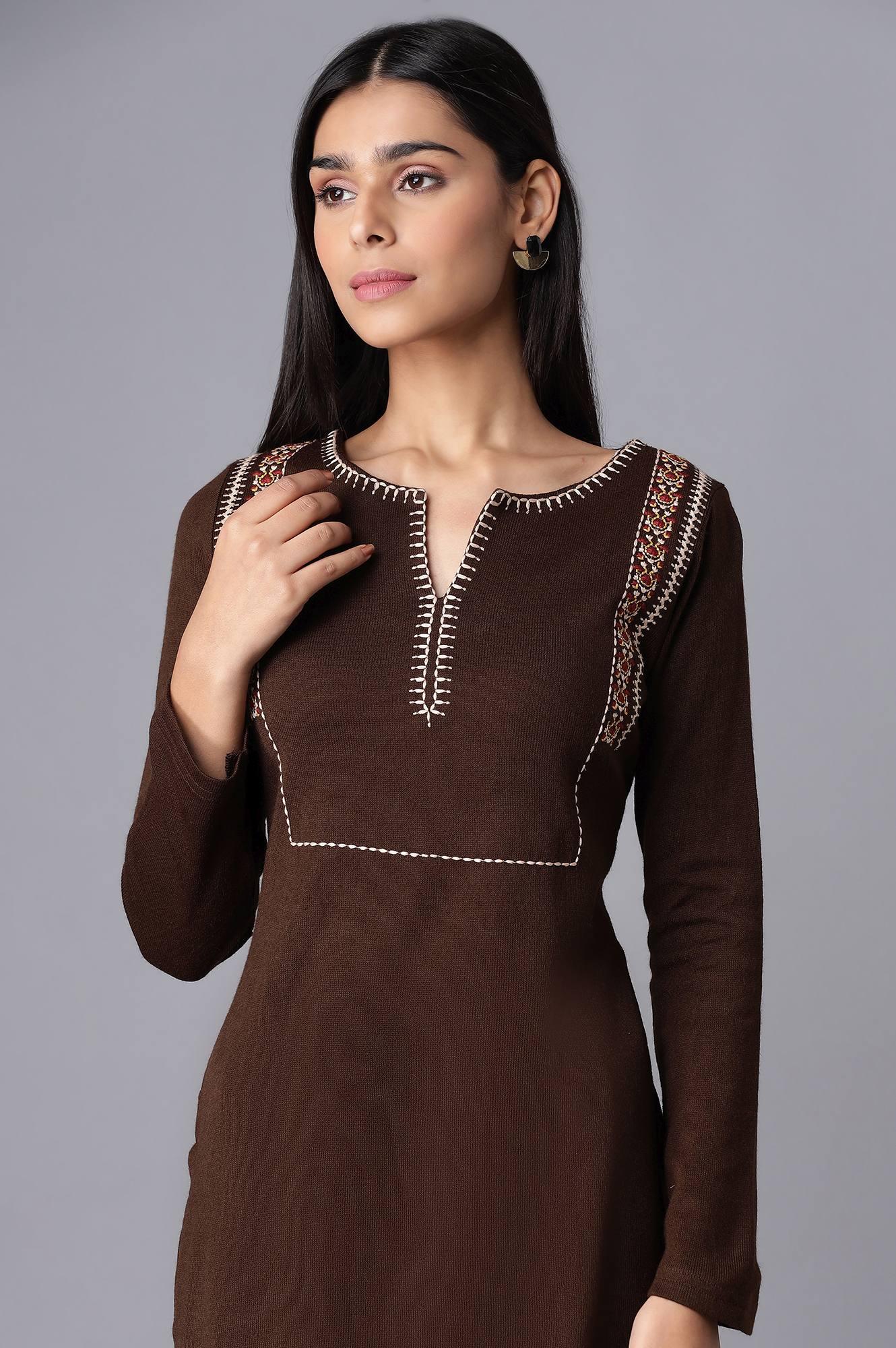 Dark Brown Embroidered Winter kurta - wforwoman