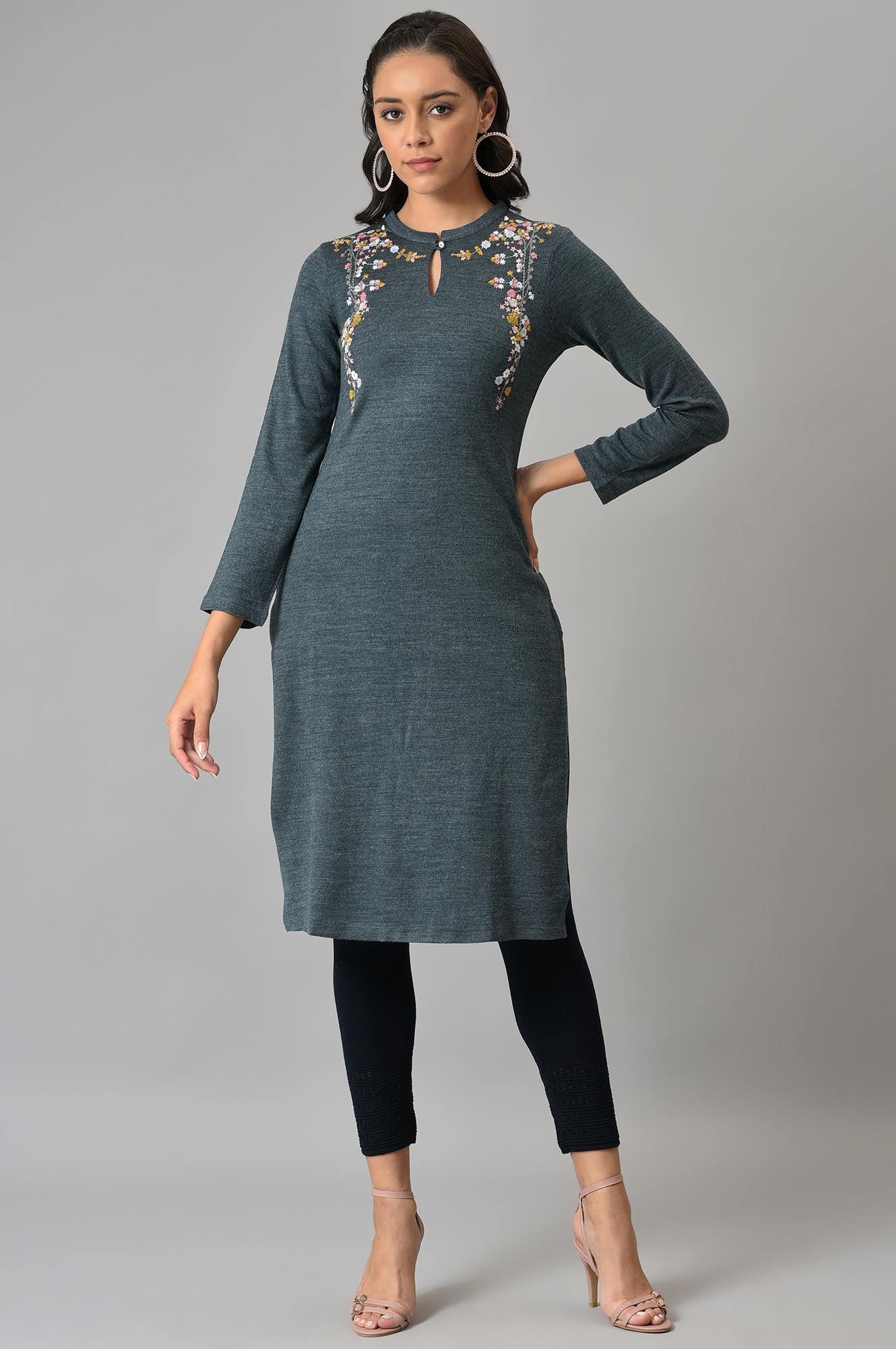 Light Grey Embroidered Winter kurta - wforwoman