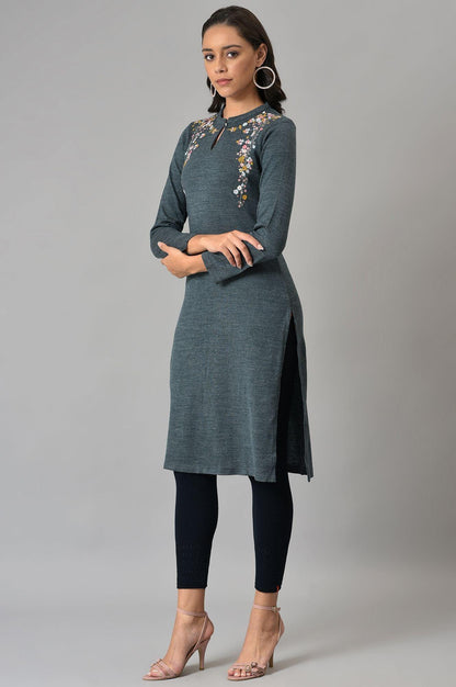 Light Grey Embroidered Winter kurta - wforwoman