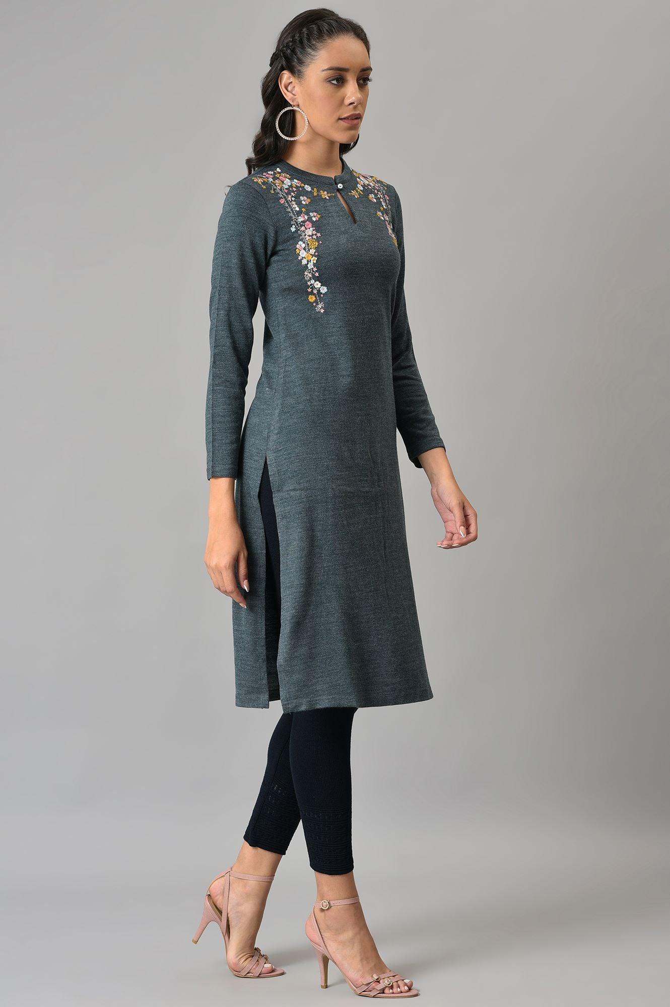 Light Grey Embroidered Winter kurta - wforwoman