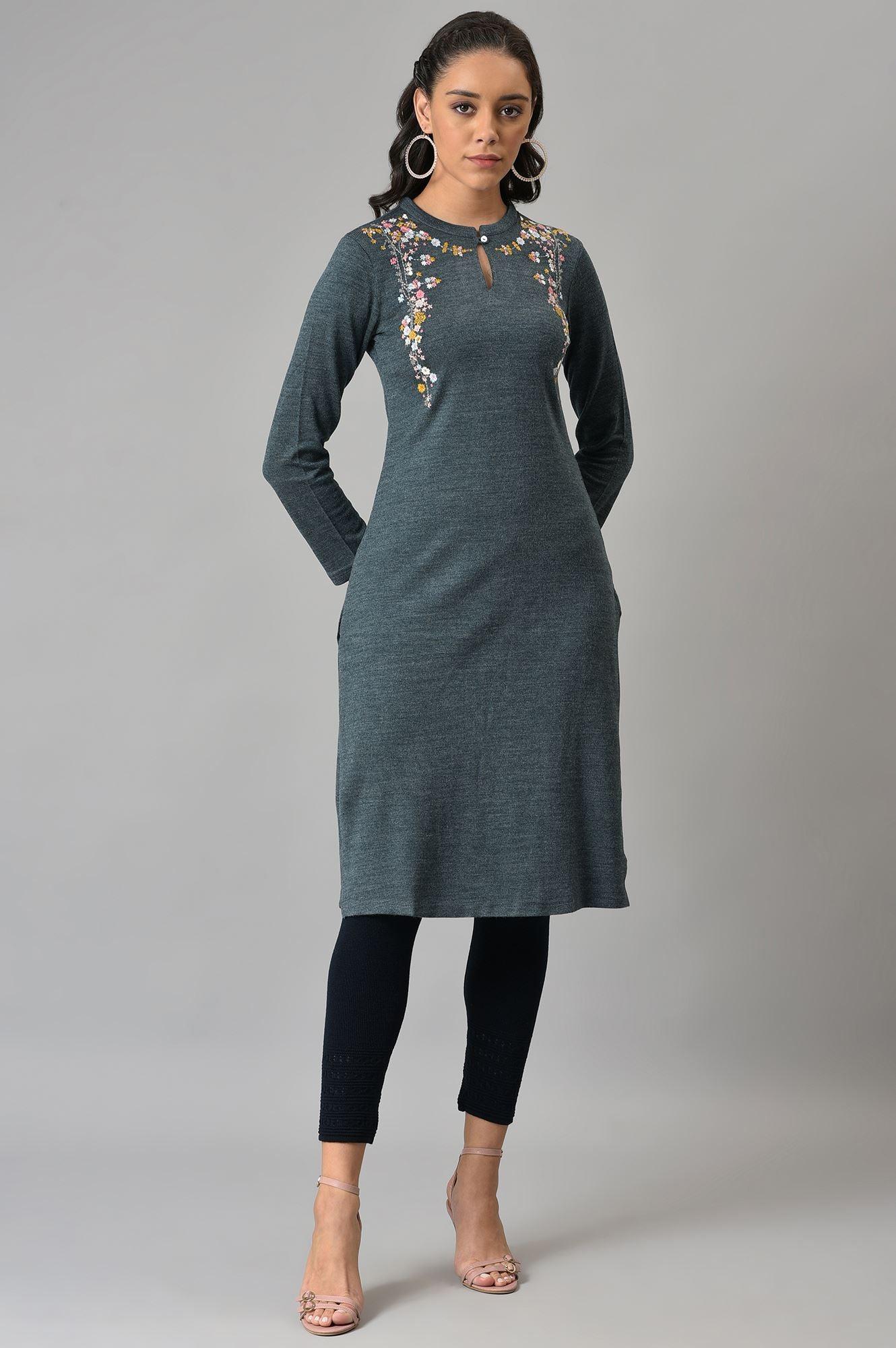 Light Grey Embroidered Winter kurta - wforwoman