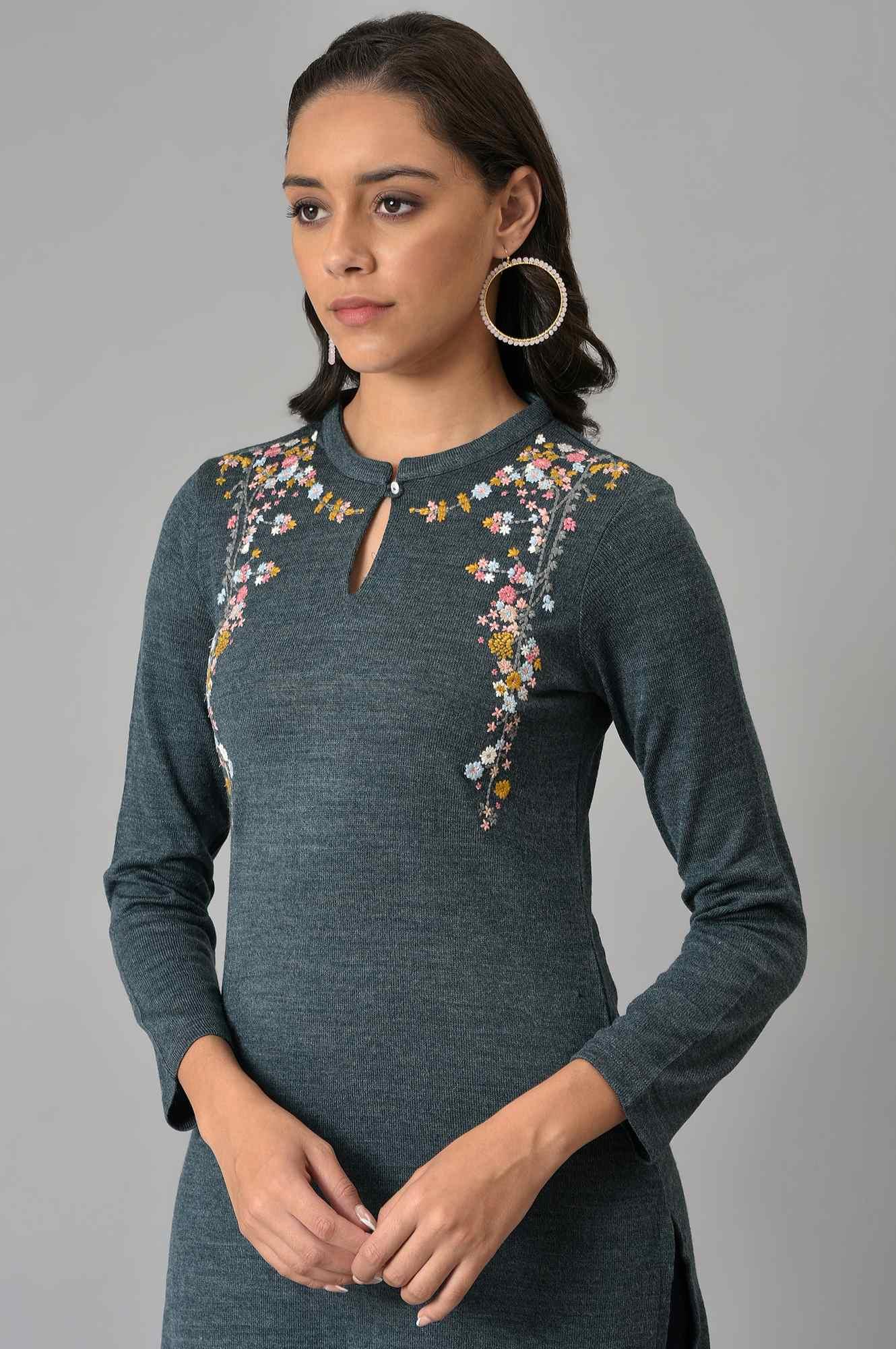 Light Grey Embroidered Winter kurta - wforwoman