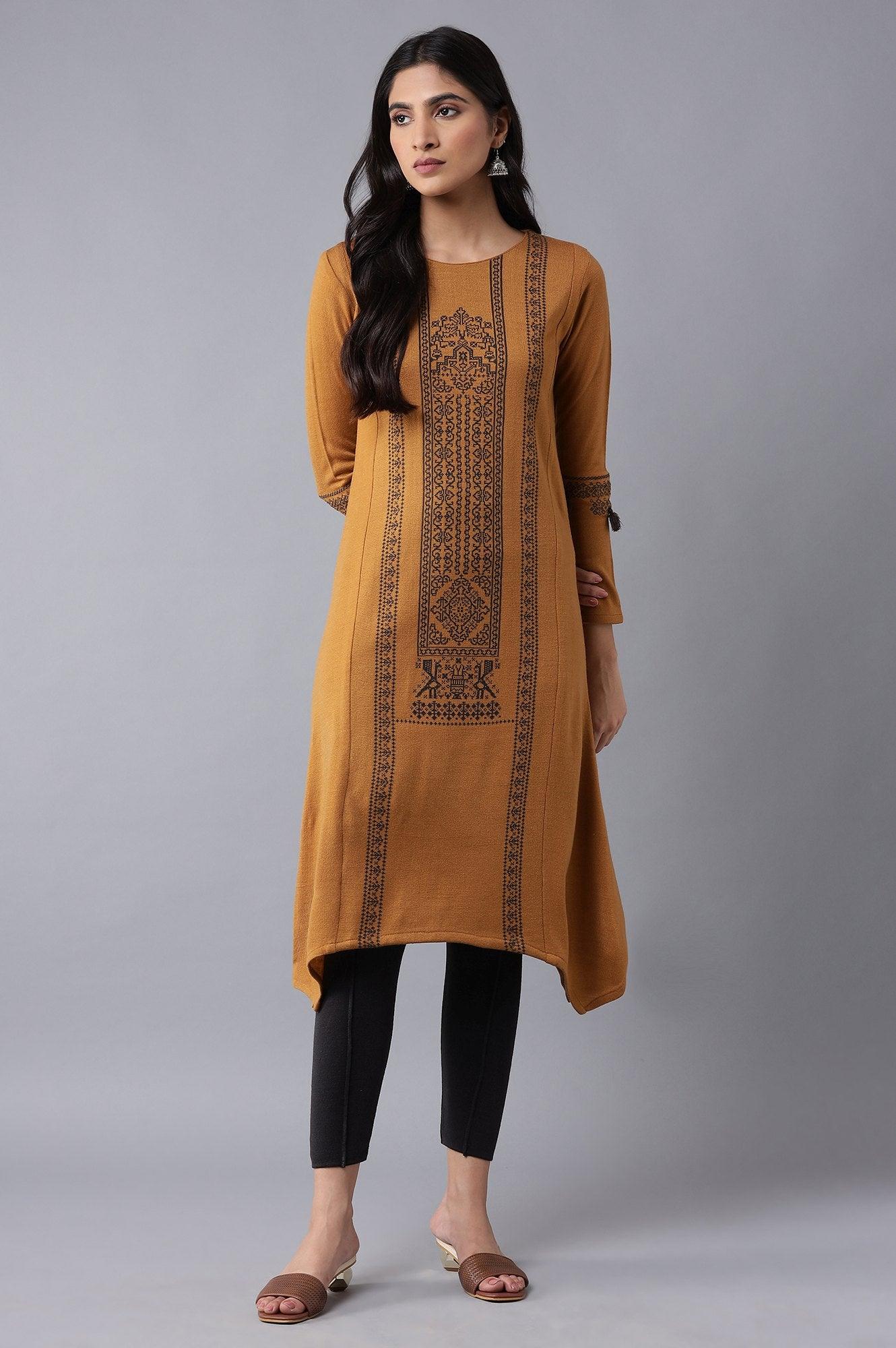 Dark Yellow A-line Winter kurta - wforwoman