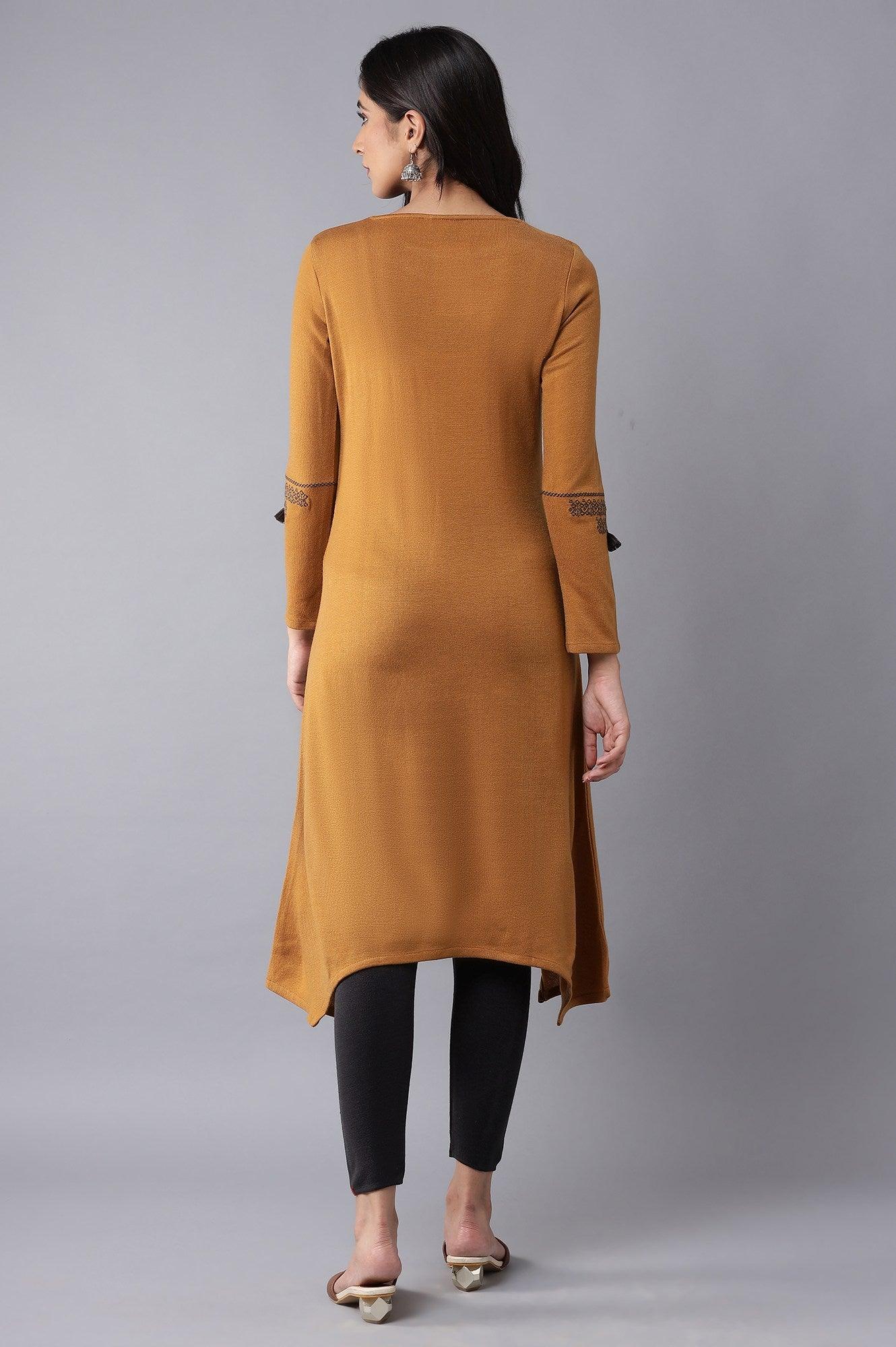 Dark Yellow A-line Winter kurta - wforwoman