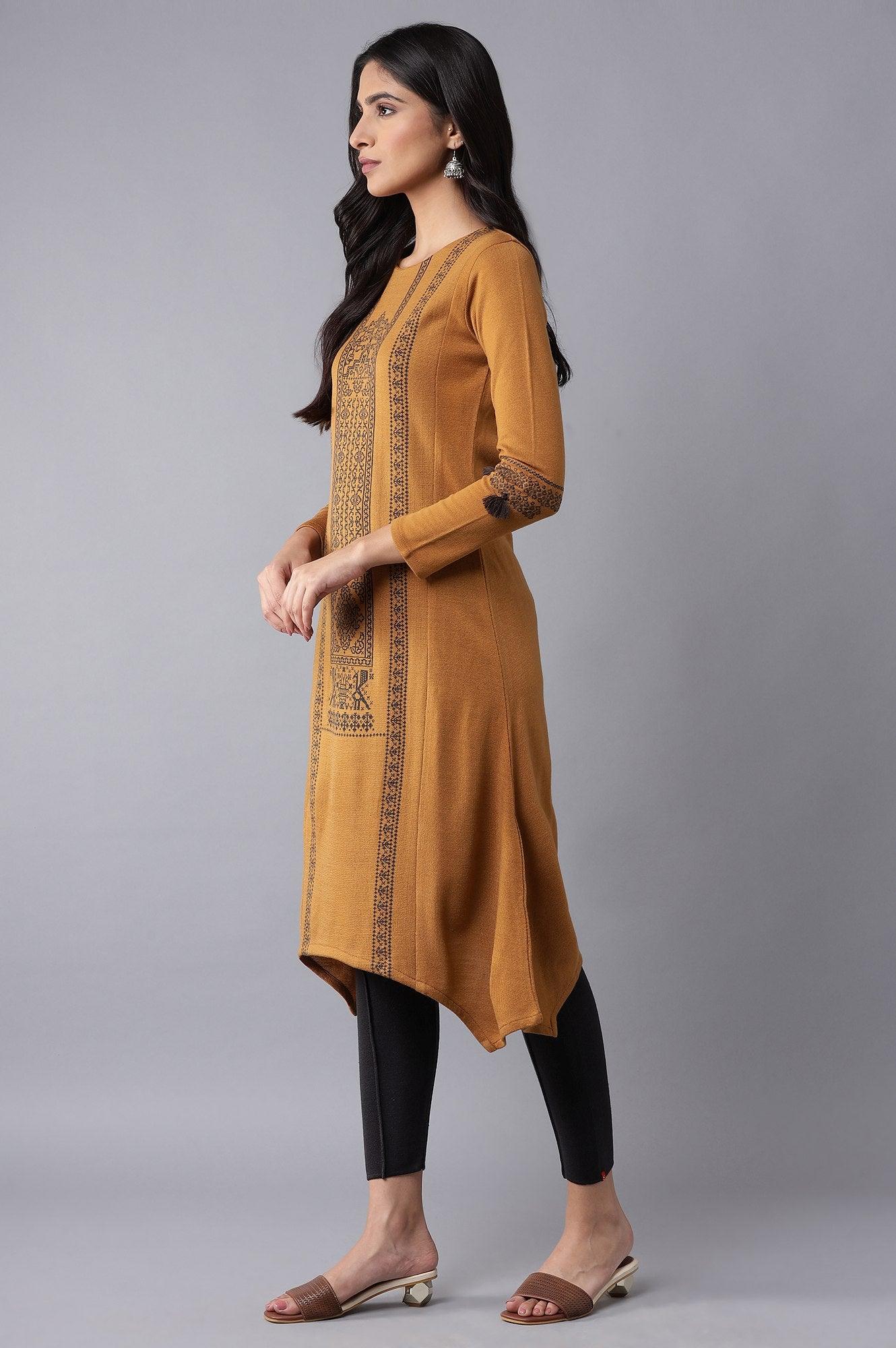 Dark Yellow A-line Winter kurta - wforwoman