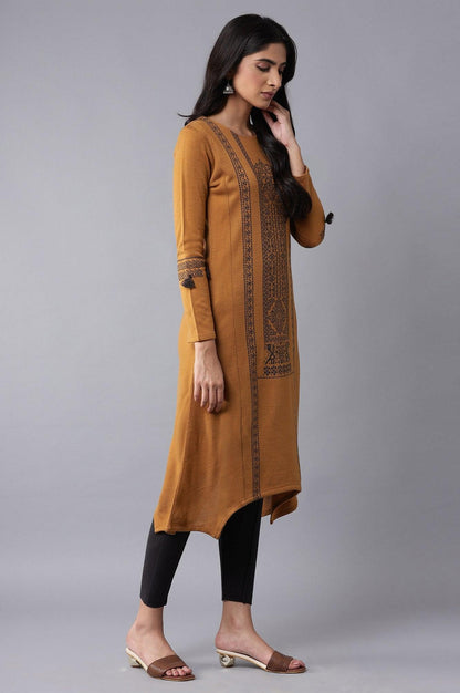 Dark Yellow A-line Winter kurta - wforwoman