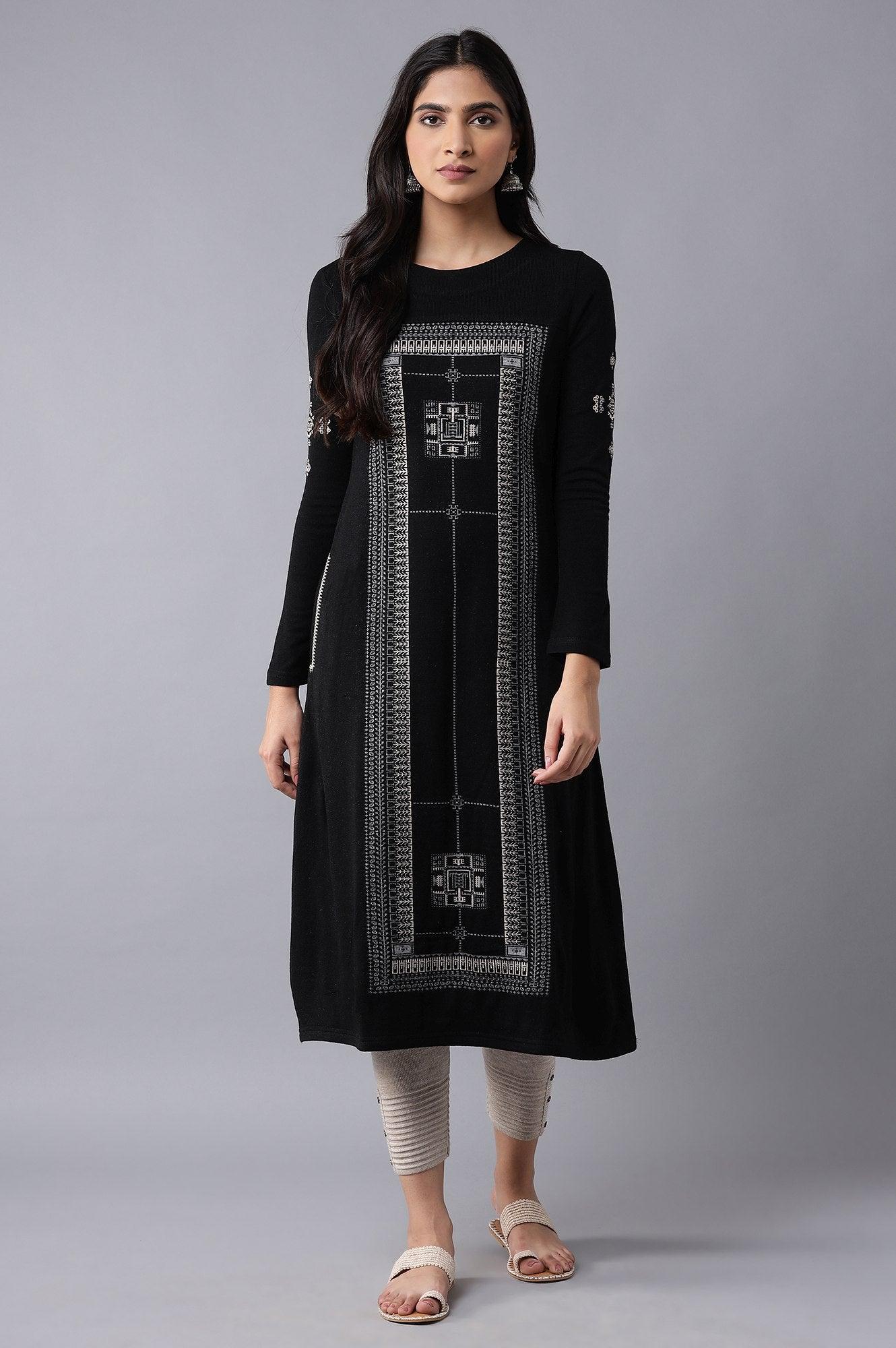 Jet Black A-line Winter kurta - wforwoman