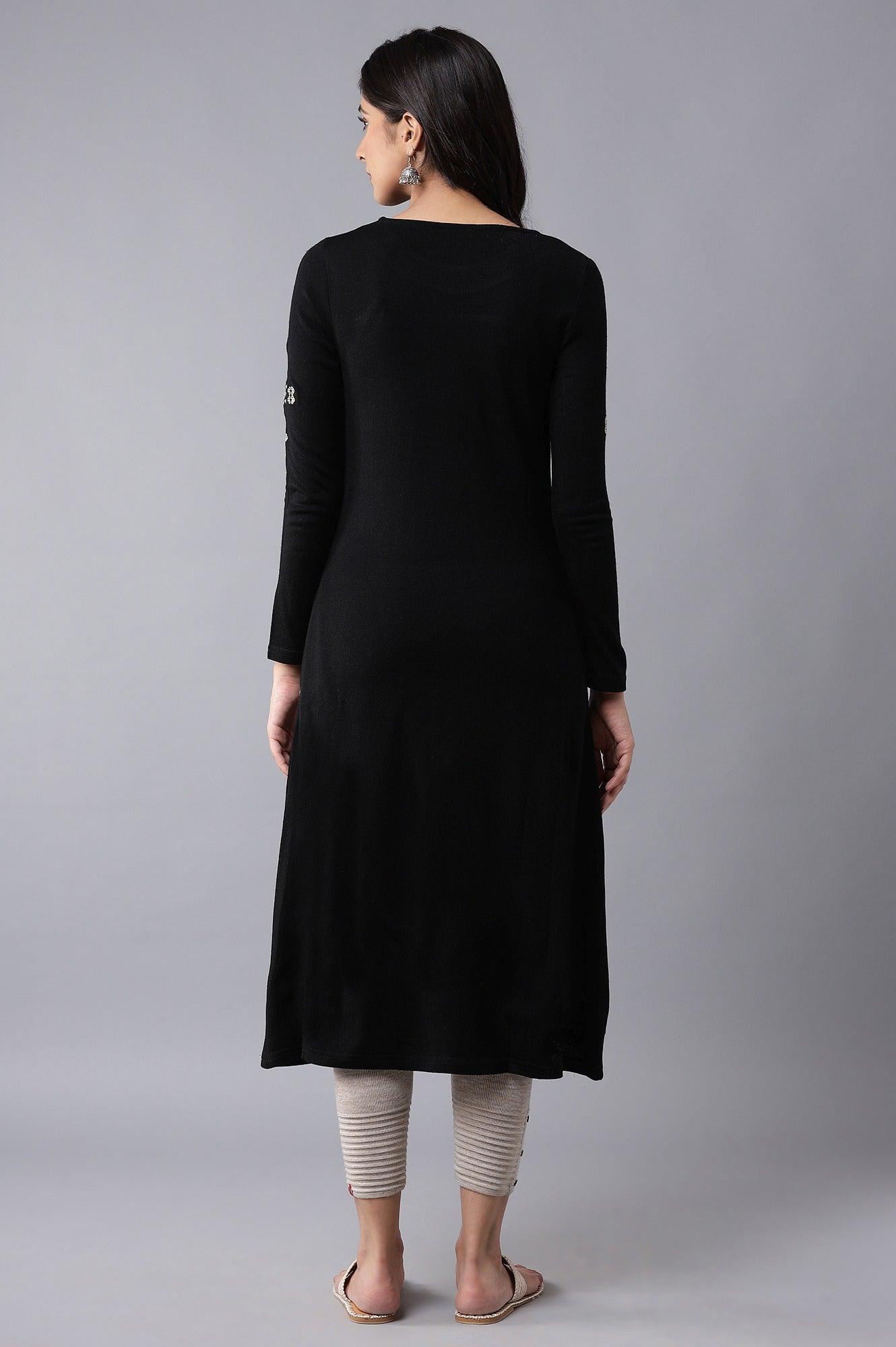 Jet Black A-line Winter kurta - wforwoman