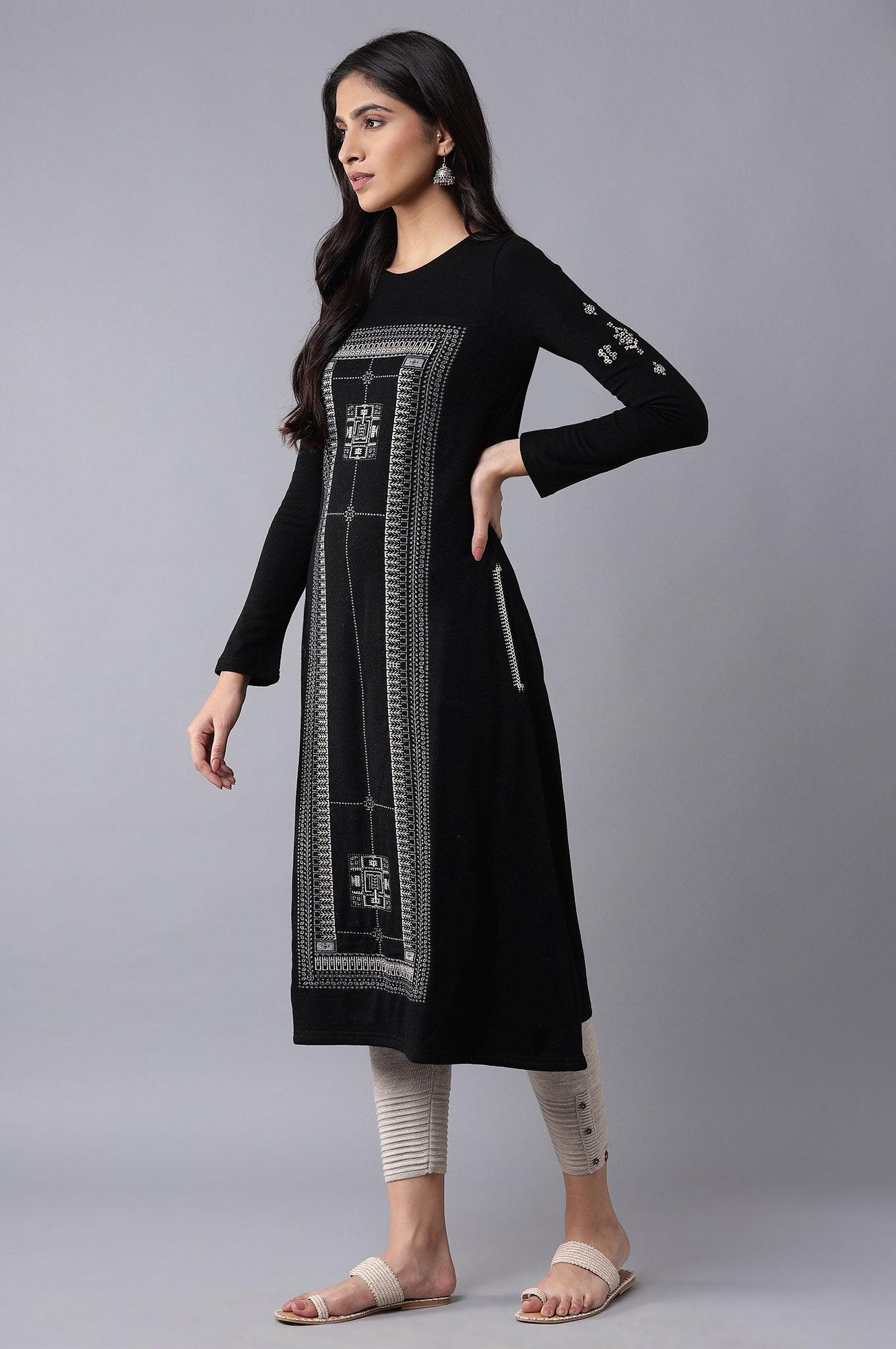 Jet Black A-line Winter kurta - wforwoman