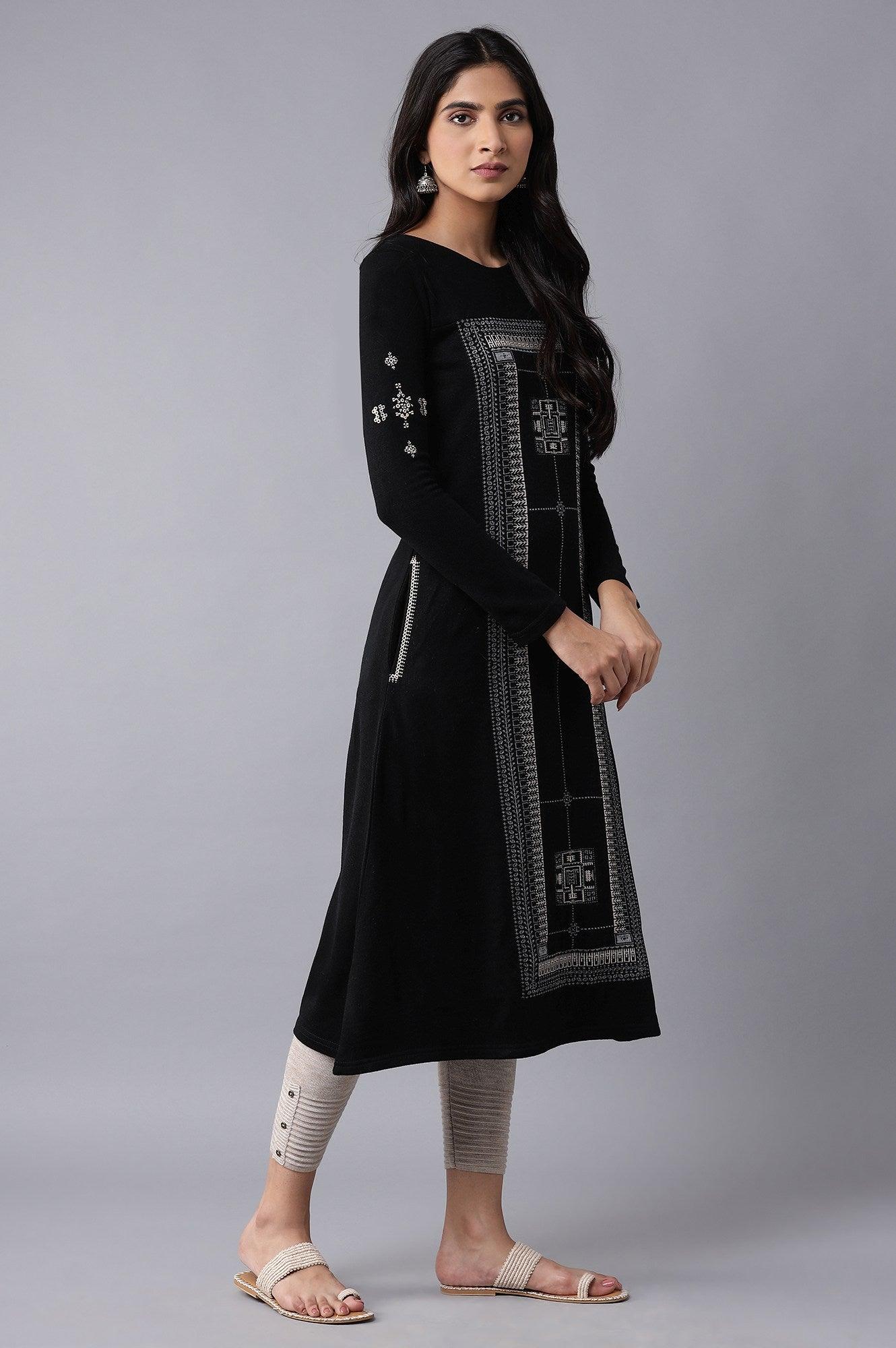 Jet Black A-line Winter kurta - wforwoman