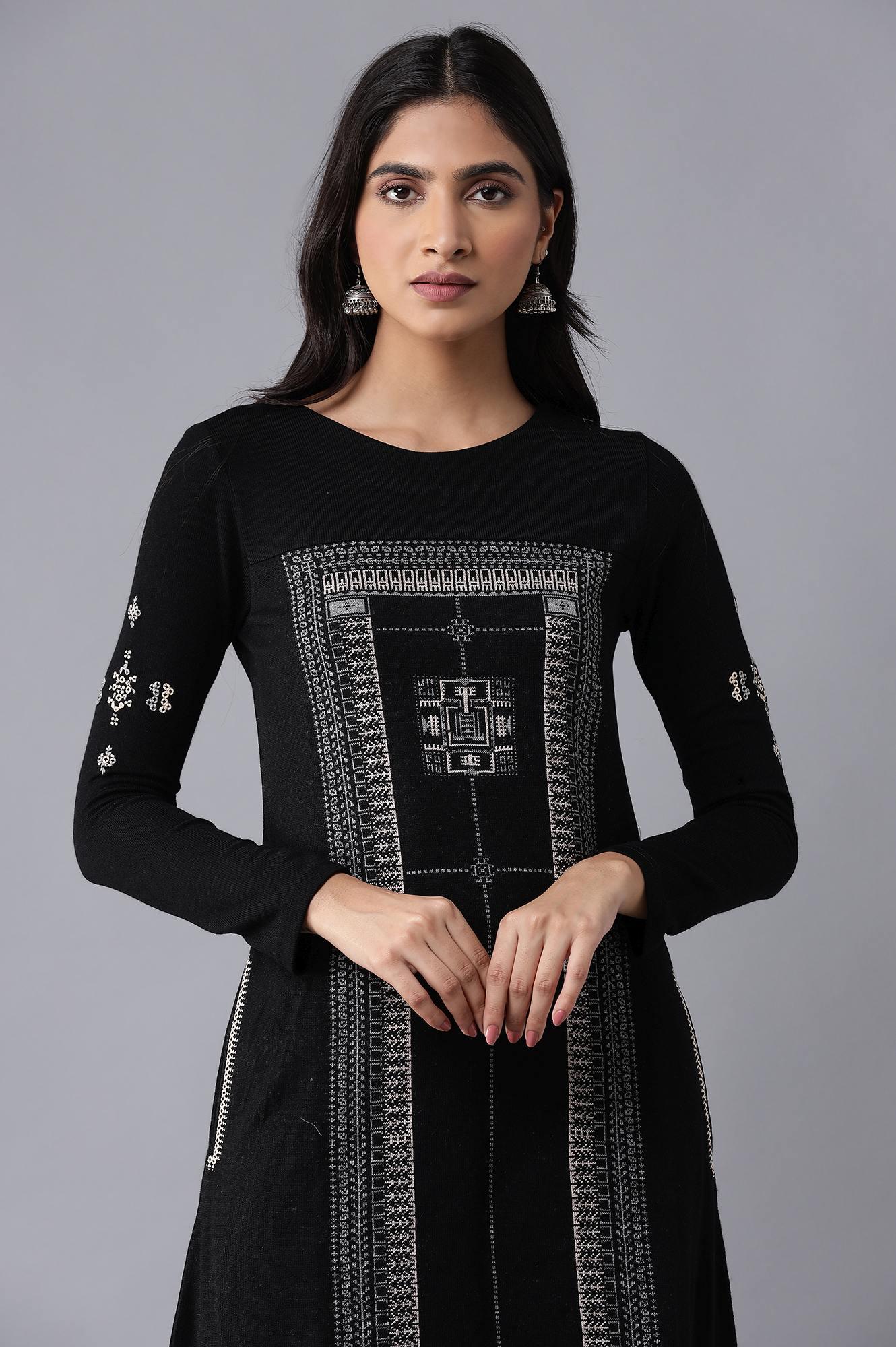 Jet Black A-line Winter kurta - wforwoman