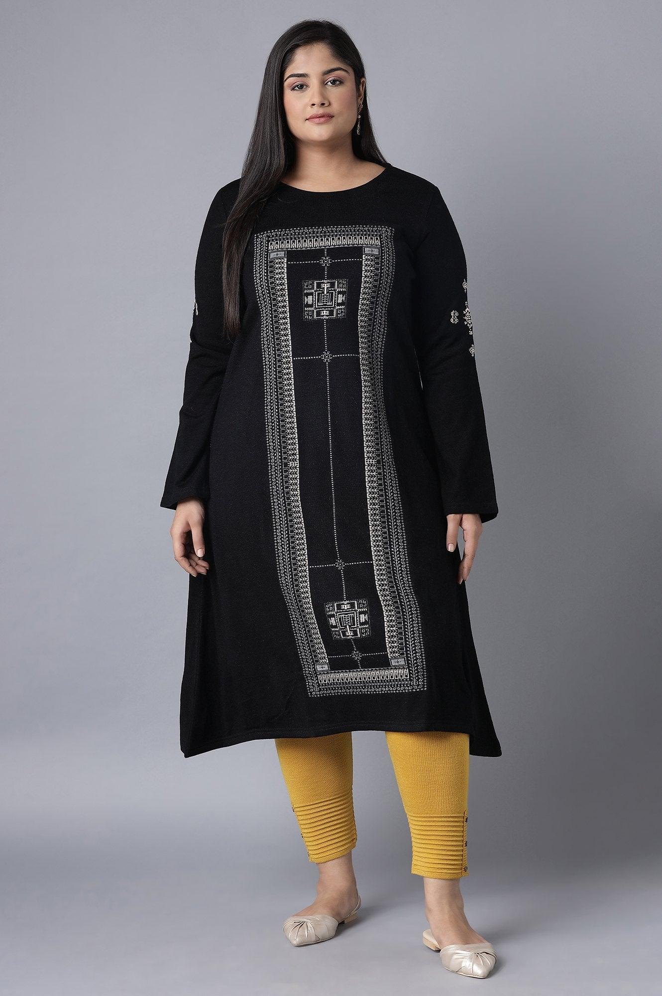 Jet Black A-line Winter kurta - wforwoman