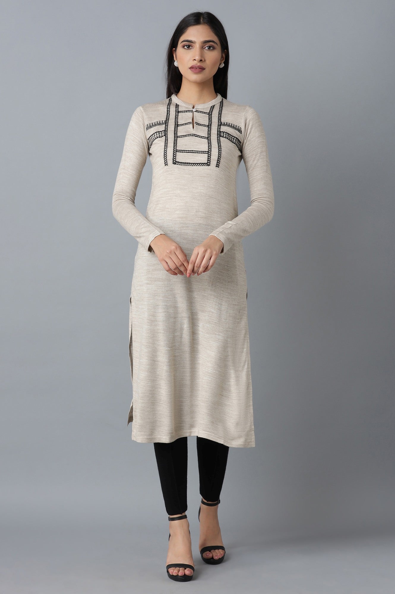 Beige Solid Winter kurta