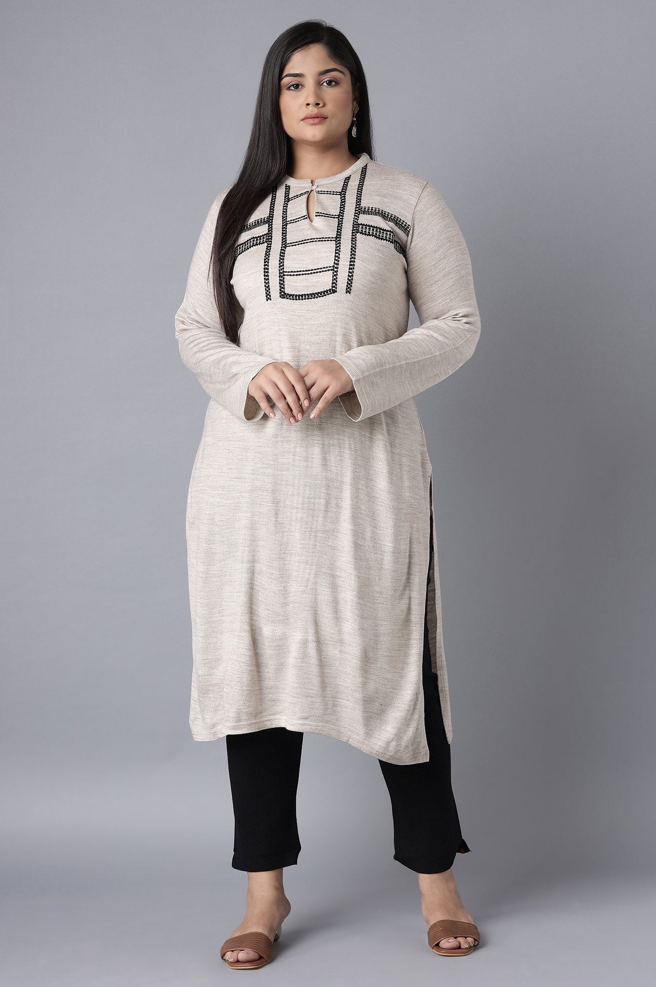 Beige Solid Winter kurta