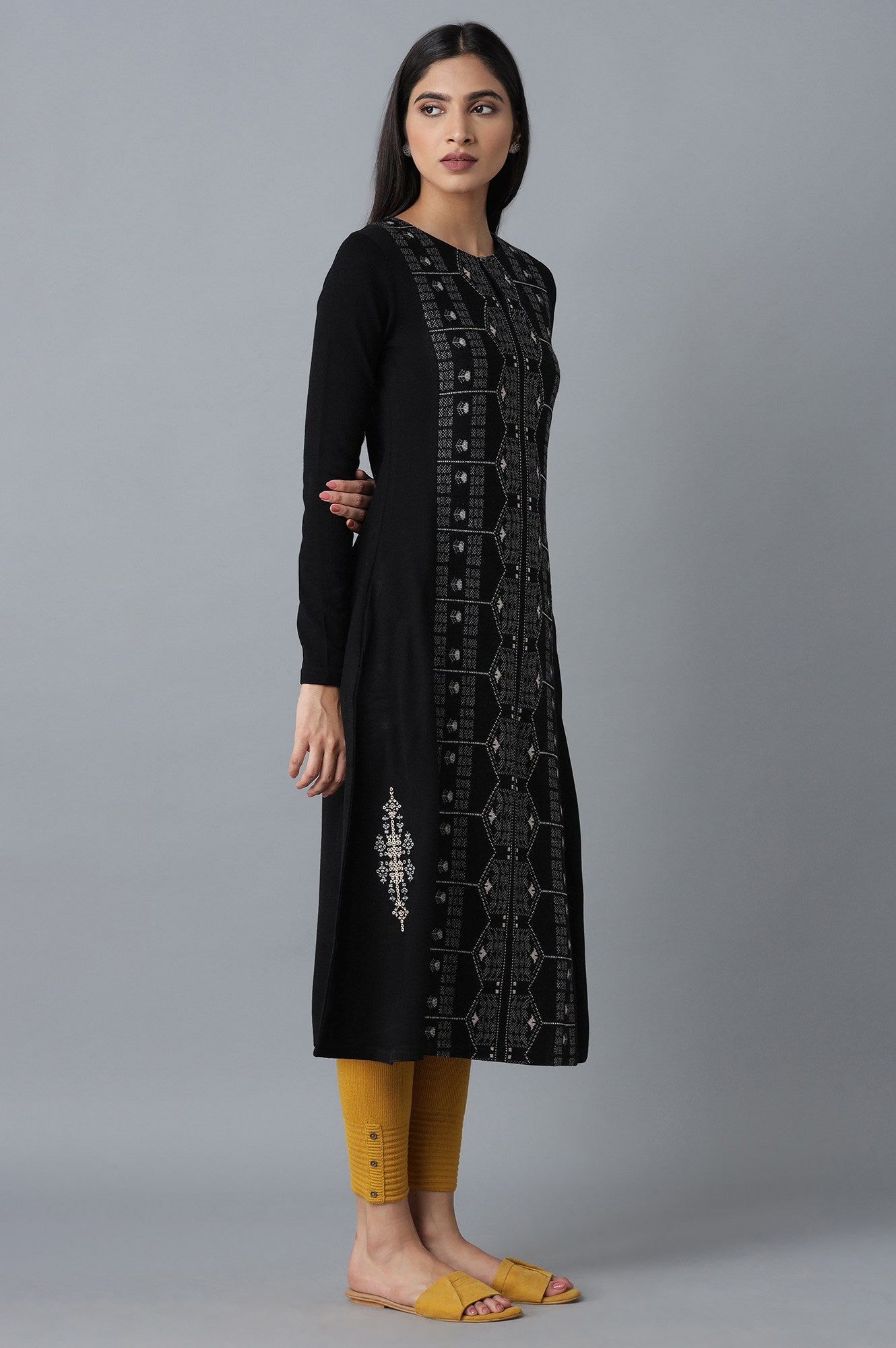 Black A-line Winter kurta