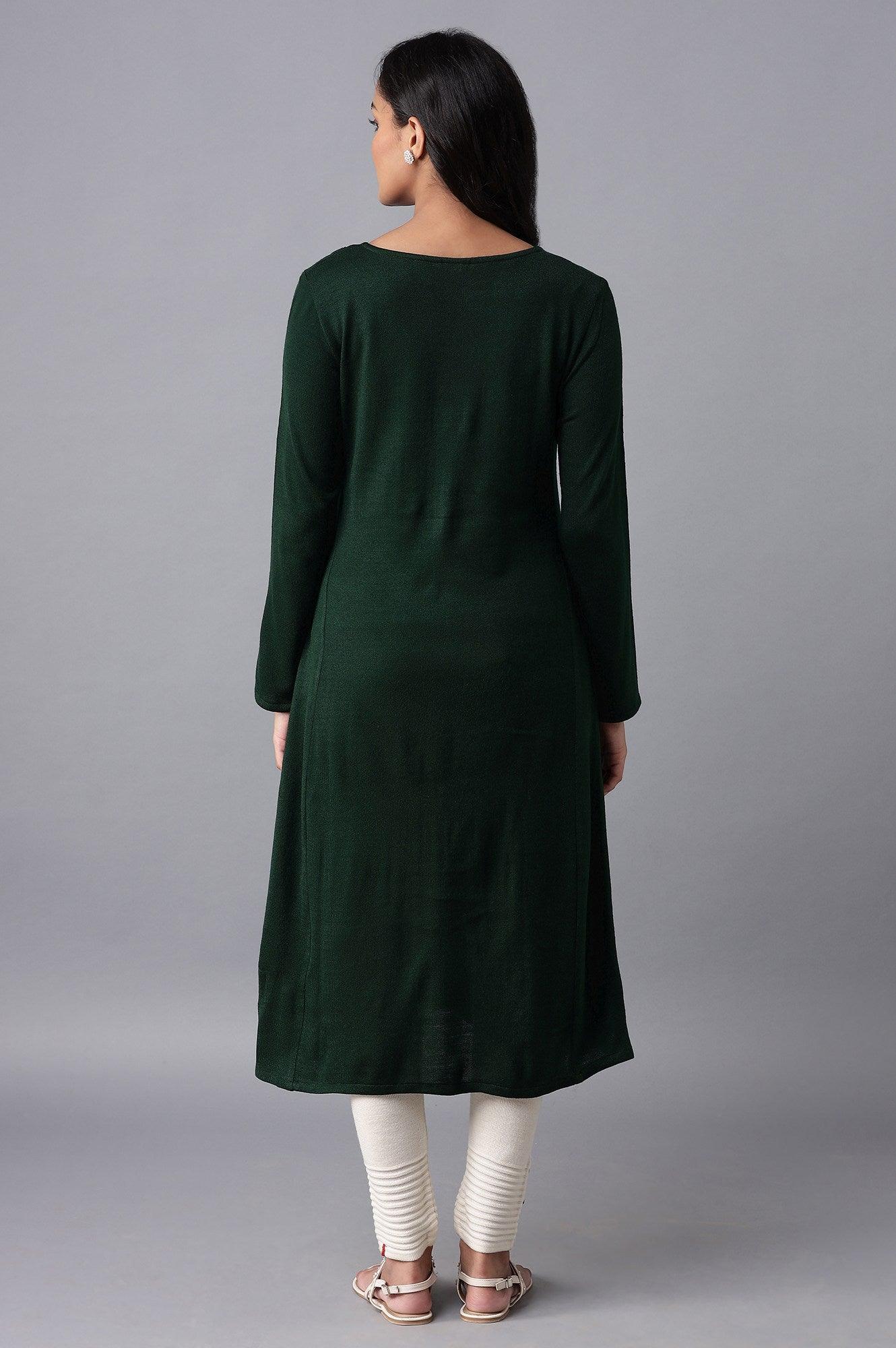 Dark Green A-line Winter kurta - wforwoman