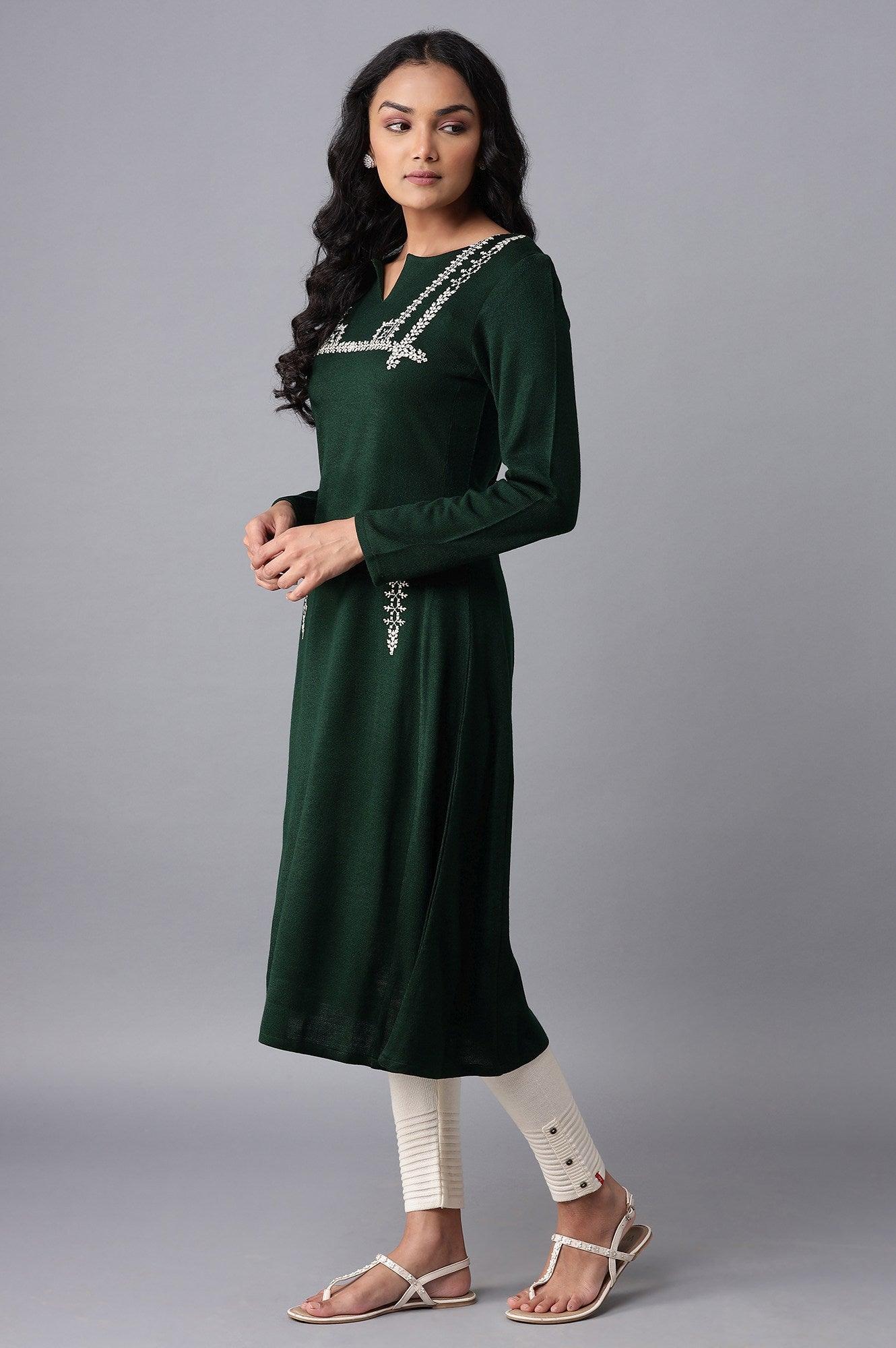 Dark Green A-line Winter kurta - wforwoman