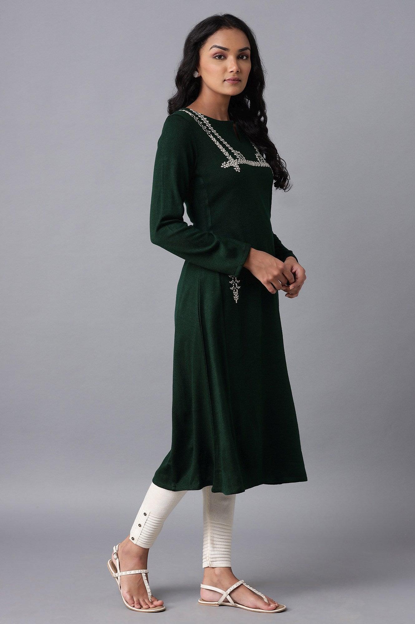 Dark Green A-line Winter kurta - wforwoman