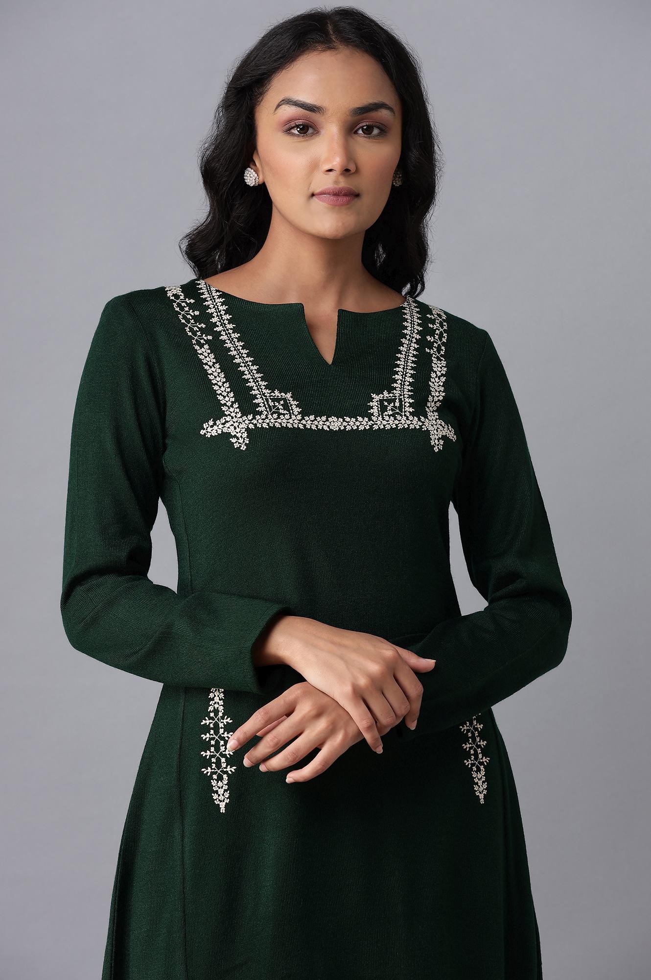 Dark Green A-line Winter kurta - wforwoman